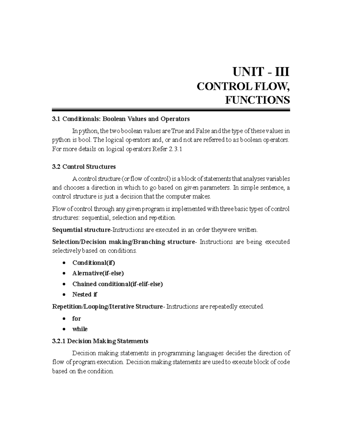 Unit 3: Control Flow and Functions in Python Programming - Studocu