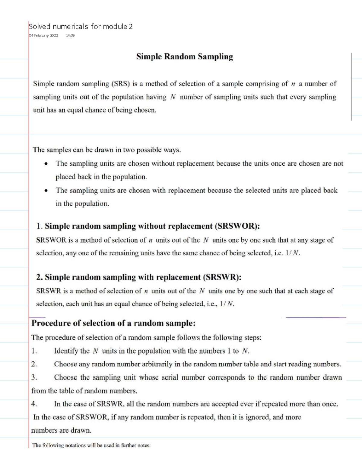 Solved Numericals on Simple Random Sampling - Module 2 & 5 - Studocu