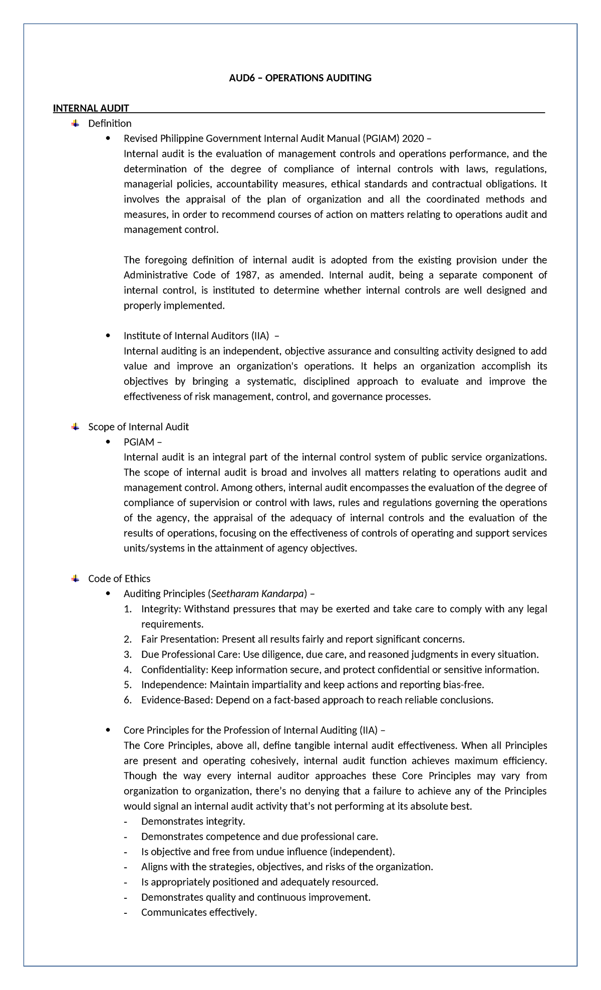 AUD6 Final Exam: Operations Auditing & Internal Audit Principles - Studocu