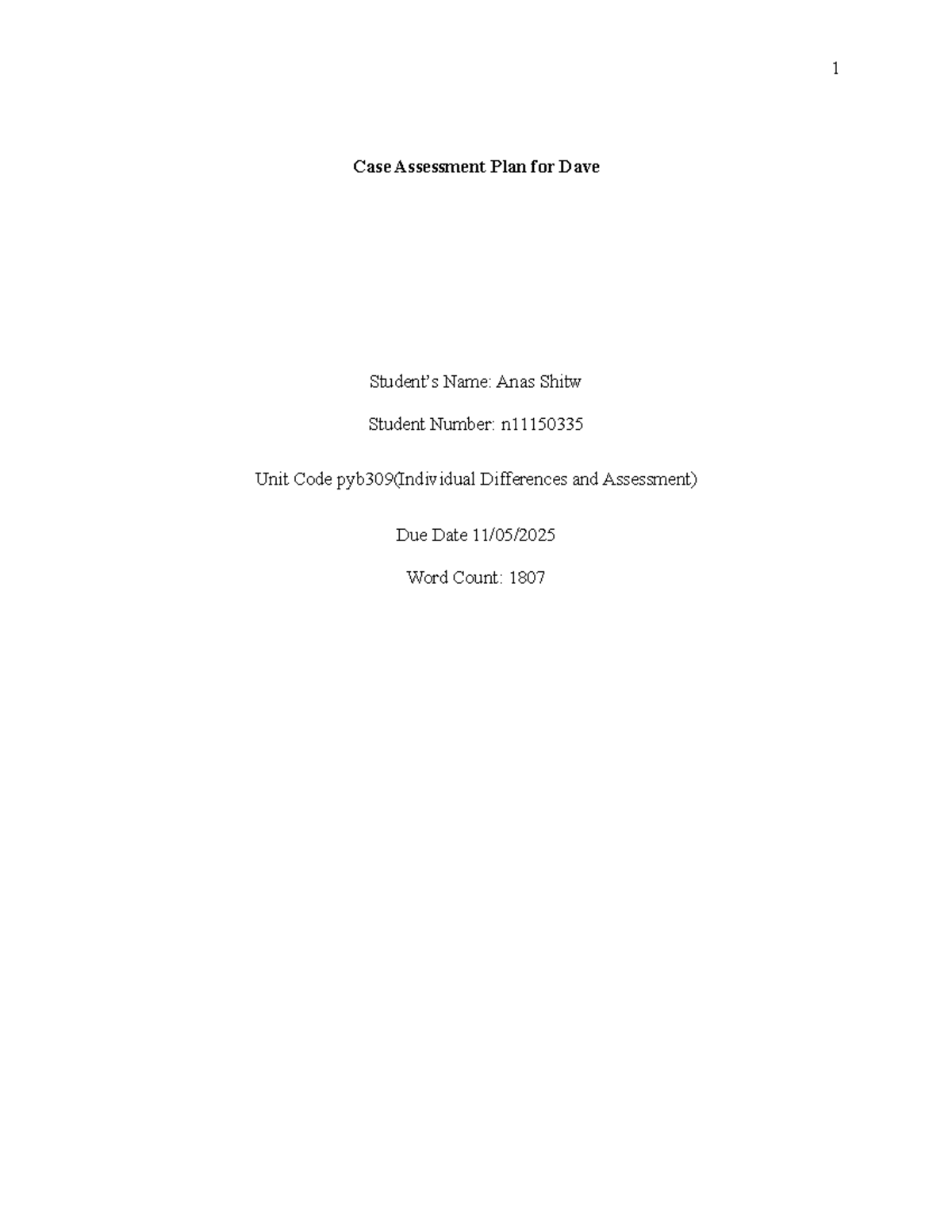 Case Assessment Plan for Dave: Addressing Anxiety & Worry (PYB309) - Document Preview