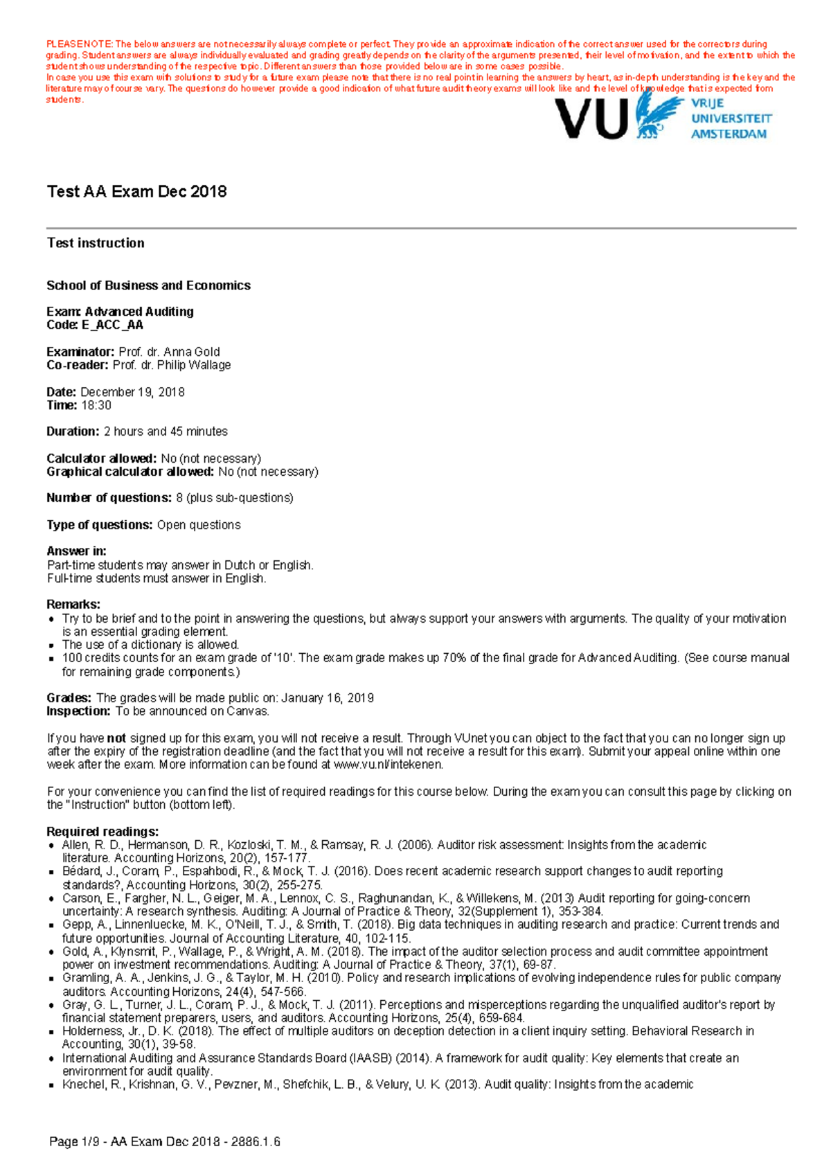 Exam E_ACC_AA Advanced Auditing Instructions and Questions - Dec 2018 ...