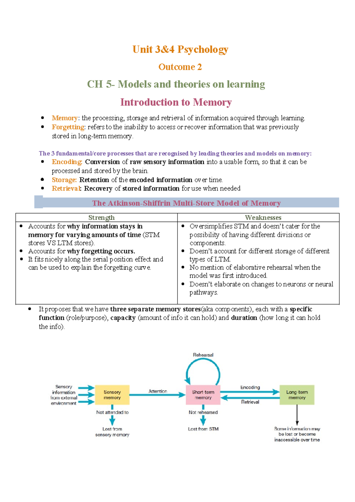 Psychology - Chapter 5: Memory Models & Theories on Forgetting - Studocu