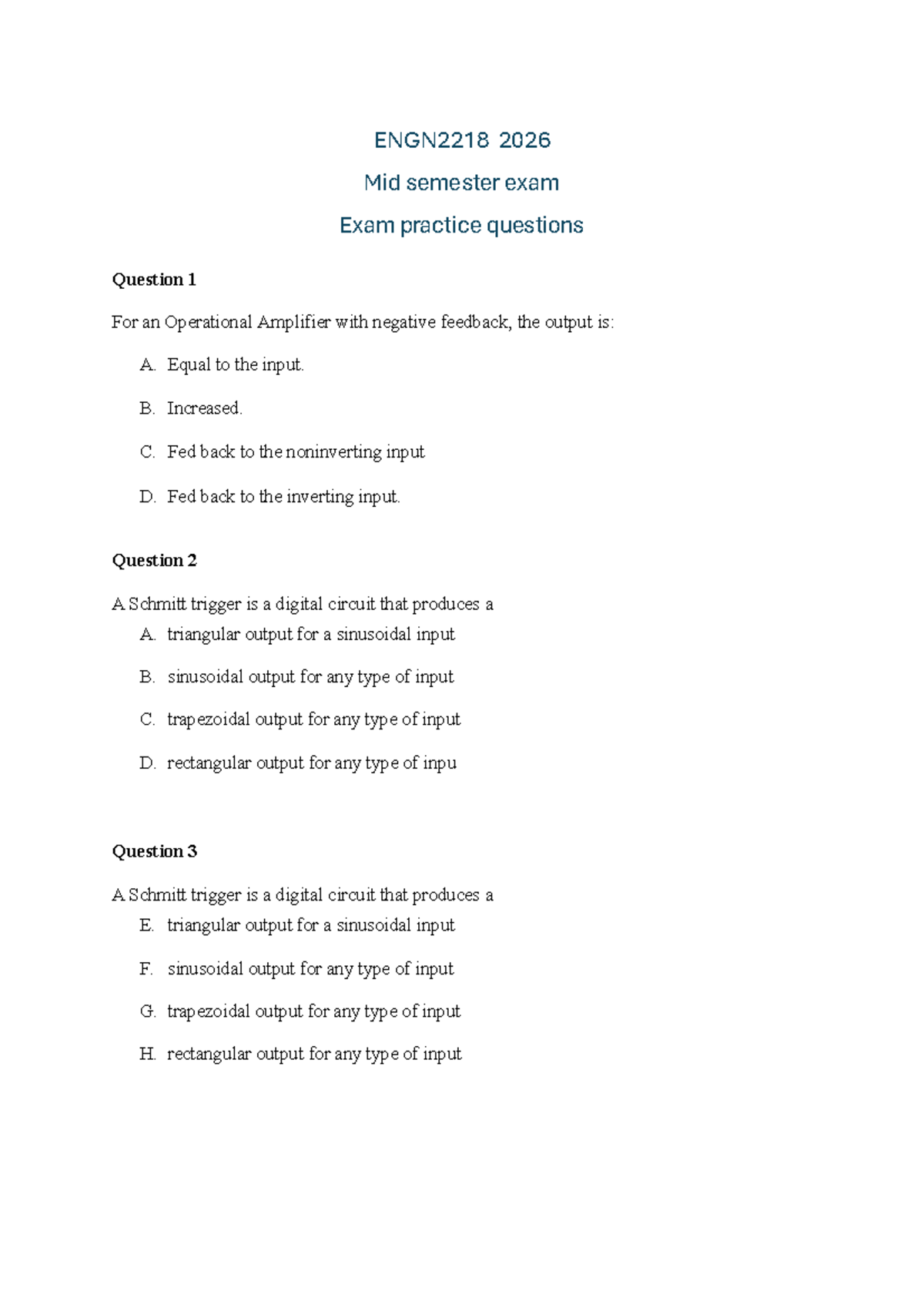 ENGN2218 2026 Mid-Semester Exam Practice Questions - Studocu