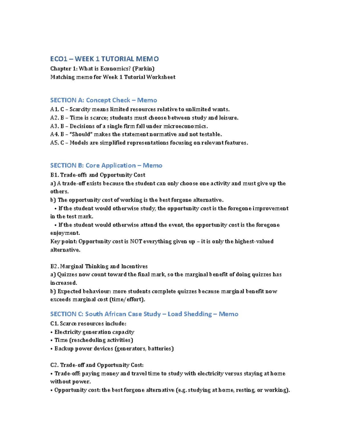 ECO1 Week 1 Tutorial Memo: Understanding Economics Concepts - Studocu