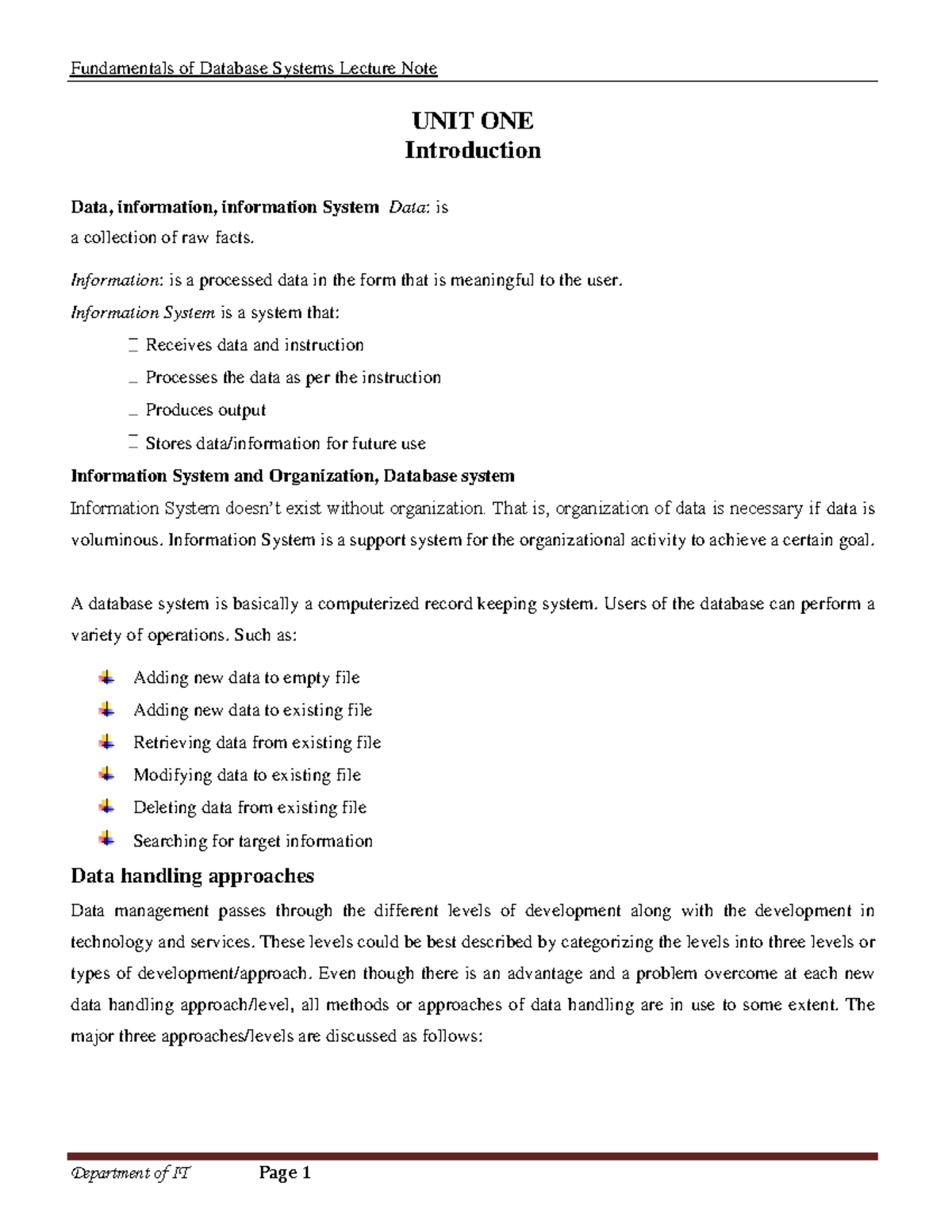 Fundamentals of Database Systems Lecture Note: Unit 1 Overview - Studocu