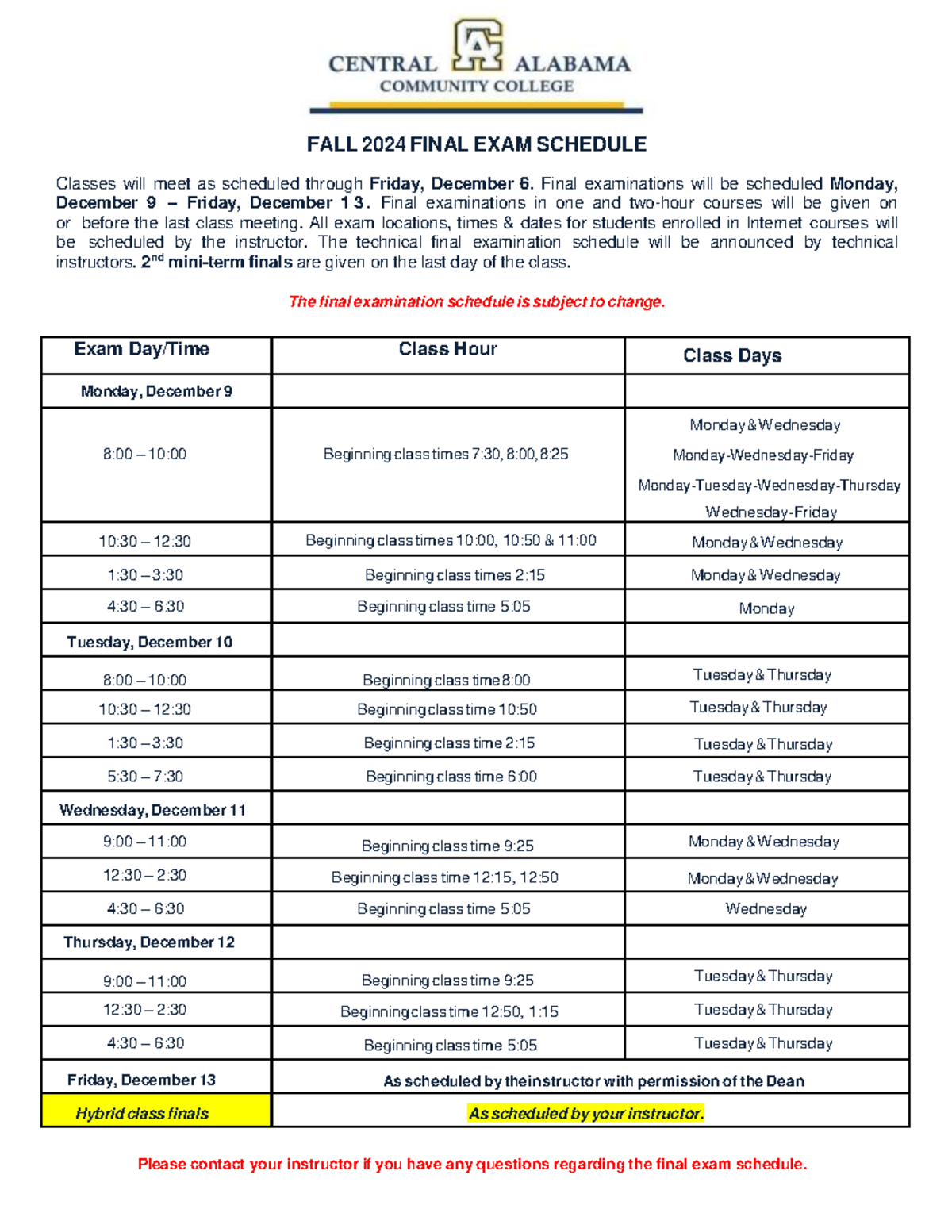 Final Exam Schedule FALL 2024 - FALL 2024 FINAL EXAM SCHEDULE Classes ...