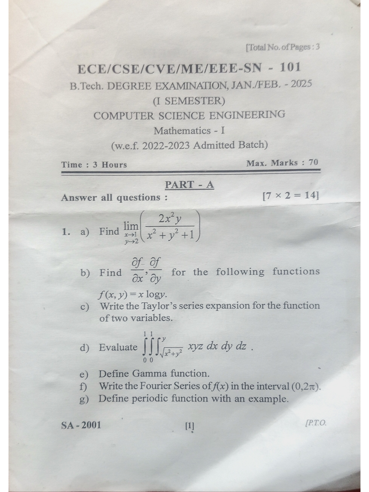 101 B.Tech. I Sem Mathematics I Exam Questions & Solutions - Studocu