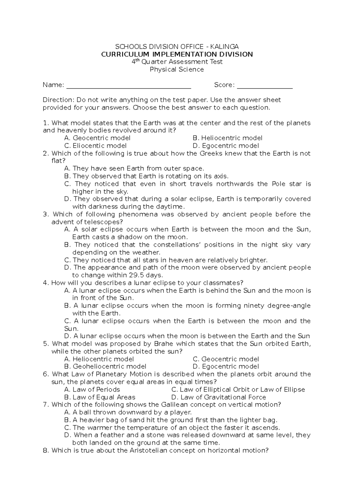 4th Quarter Physical Science Assessment Test Questions and Answers ...