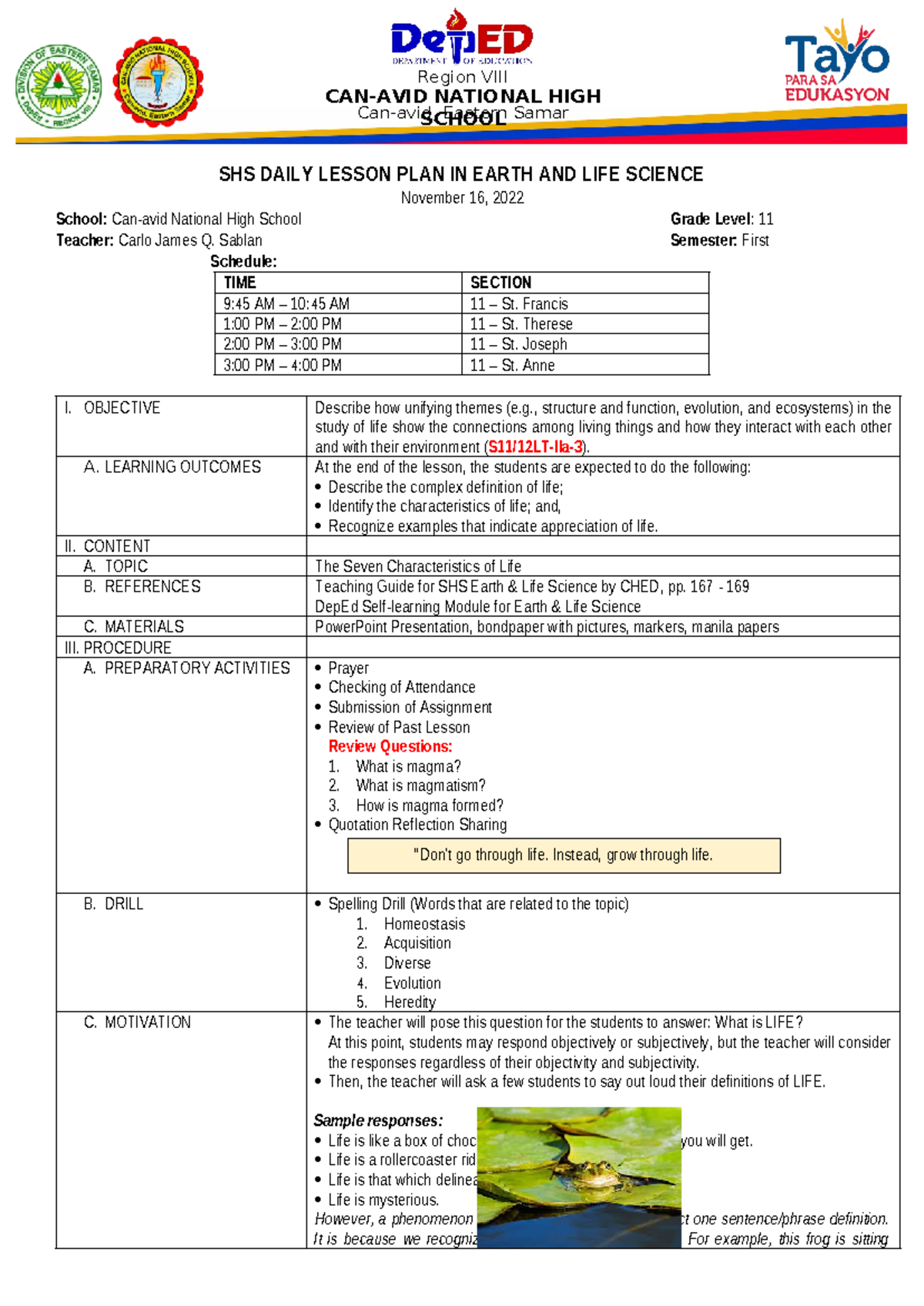 SHS 11 Earth & Life Science: The 7 Characteristics of Life Lesson Plan ...
