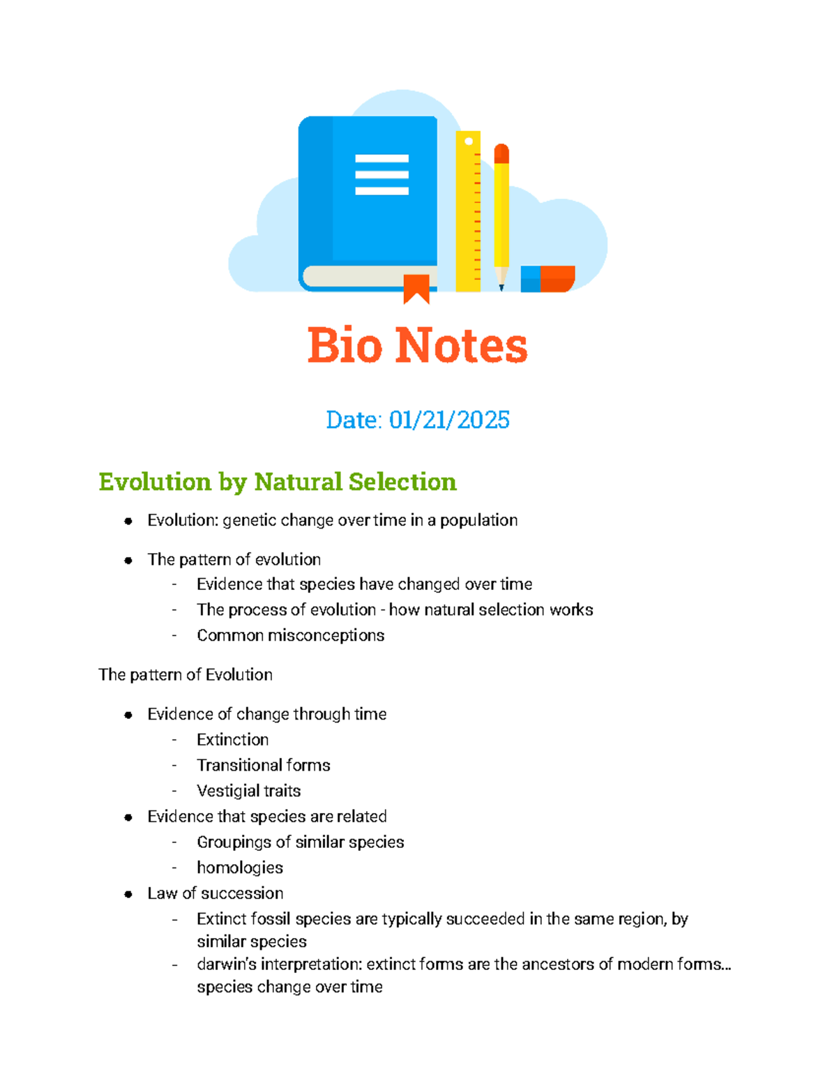 Evolution by Natural Selection: Class Notes for Bio 101 (Date: 01/21 ...