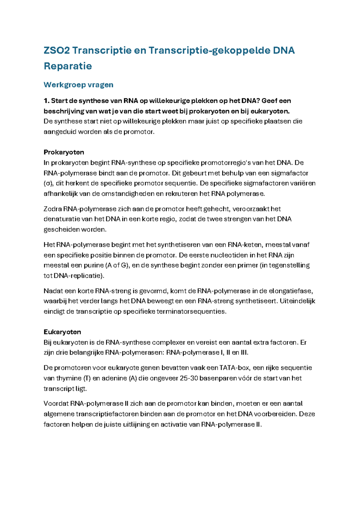 ZSO2: Transcriptie en DNA Reparatie - WG Vragen en Antwoorden - Studeersnel