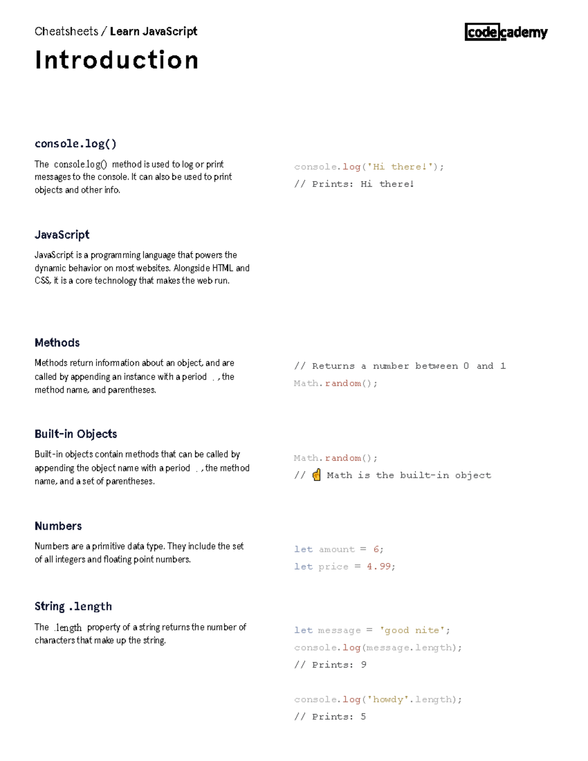JavaScript Intro Cheatsheet: console.log() & Variables Overview - Studocu