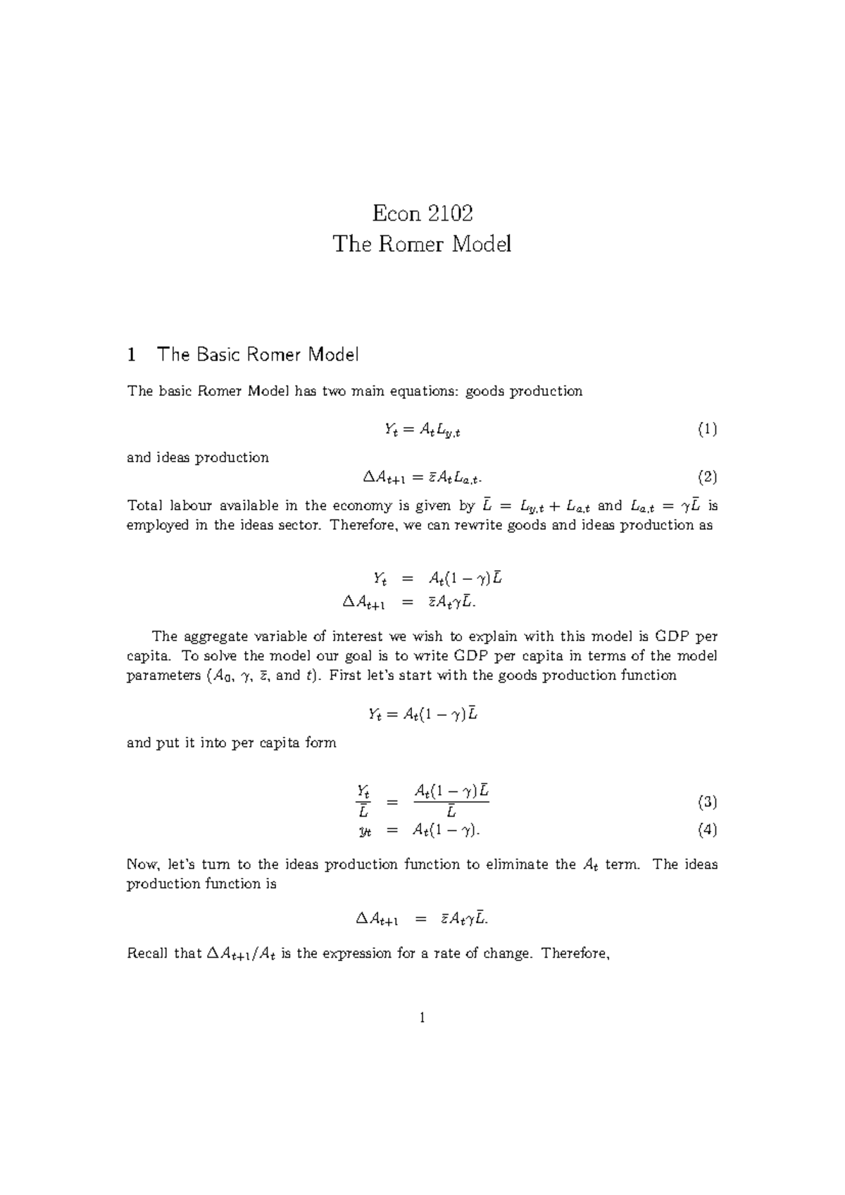 Romer Model Analysis in Econ 2102: Production & GDP Dynamics - Studocu