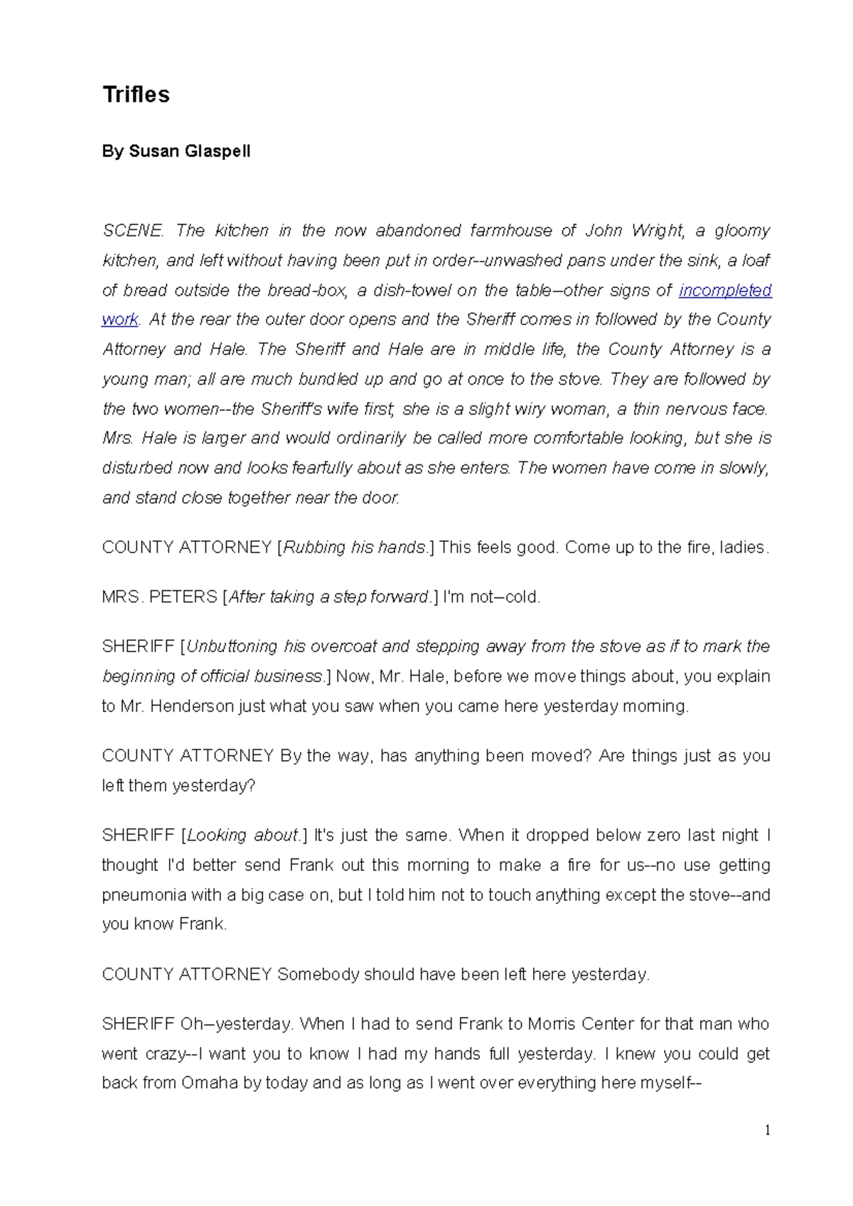 Trifles (SCENE) - Analysis of Susan Glaspell's Play - Studocu