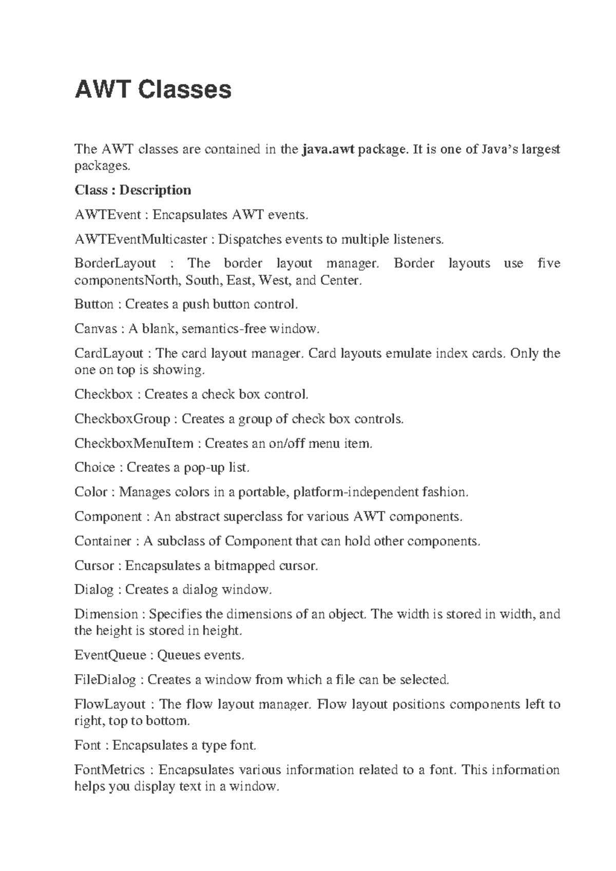 AWT Classes Overview - Java Abstract Window Toolkit (AWT) - Studocu