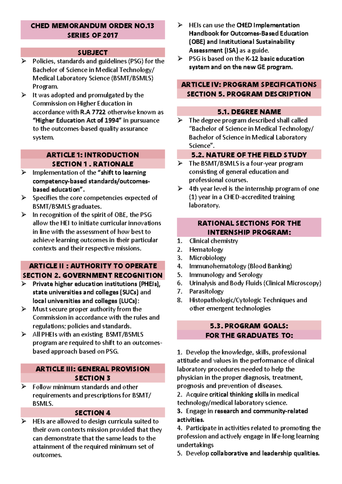 CHED Memorandum Order No. Series 2017: Policies for BSMT/BSMLS Programs ...