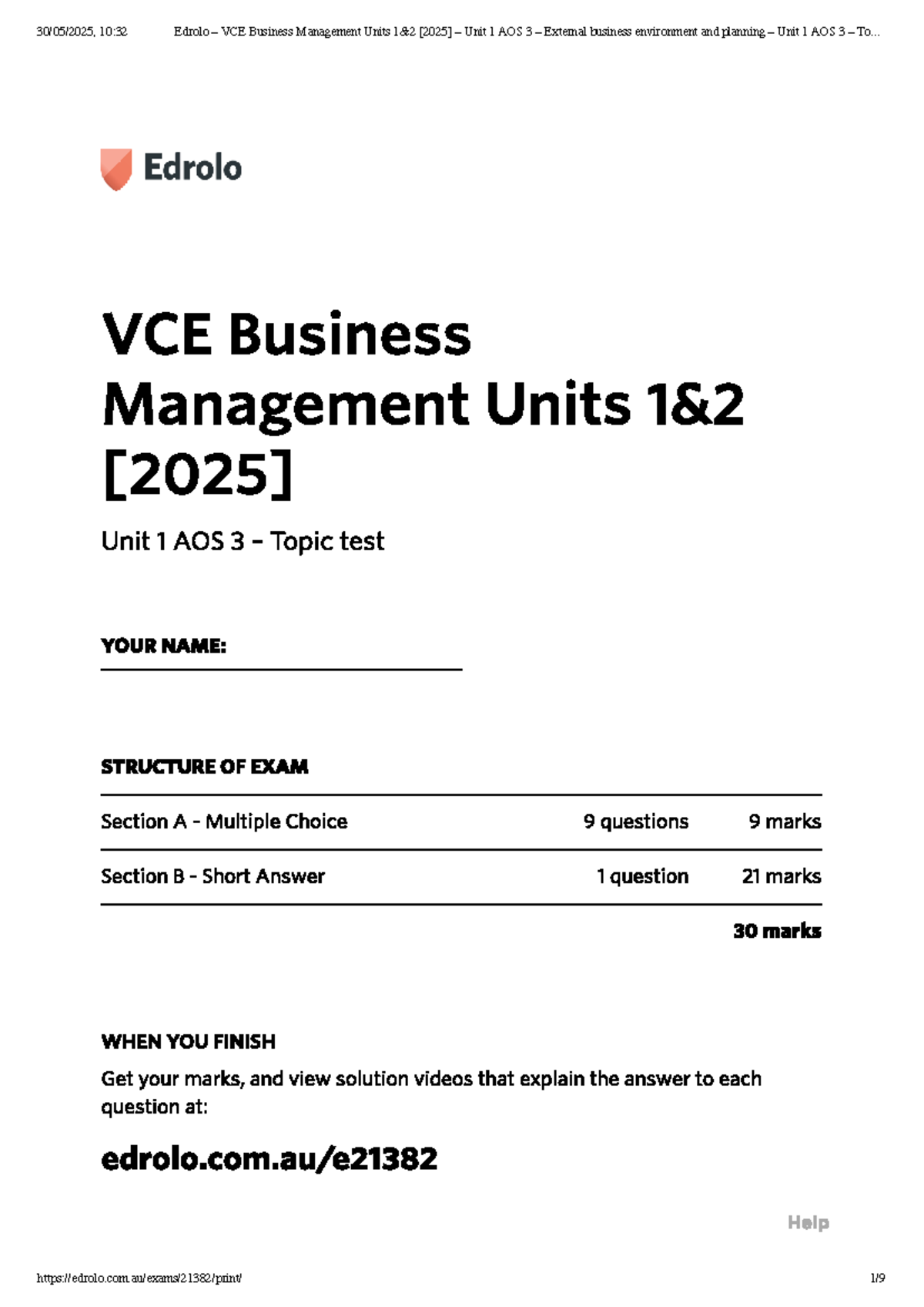 Edrolo VCE Business Management Unit 1 AOS 3 Topic Test: External ...