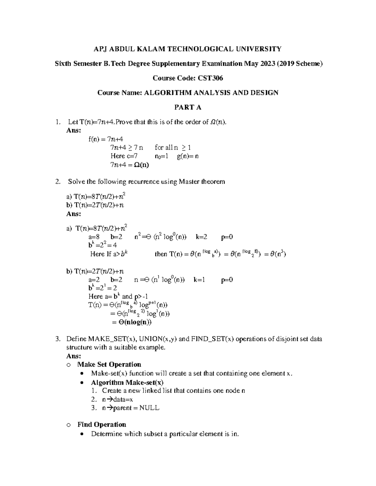 CST306 - Algorithm Analysis and Design Supplementary Exam QP May 2023 ...