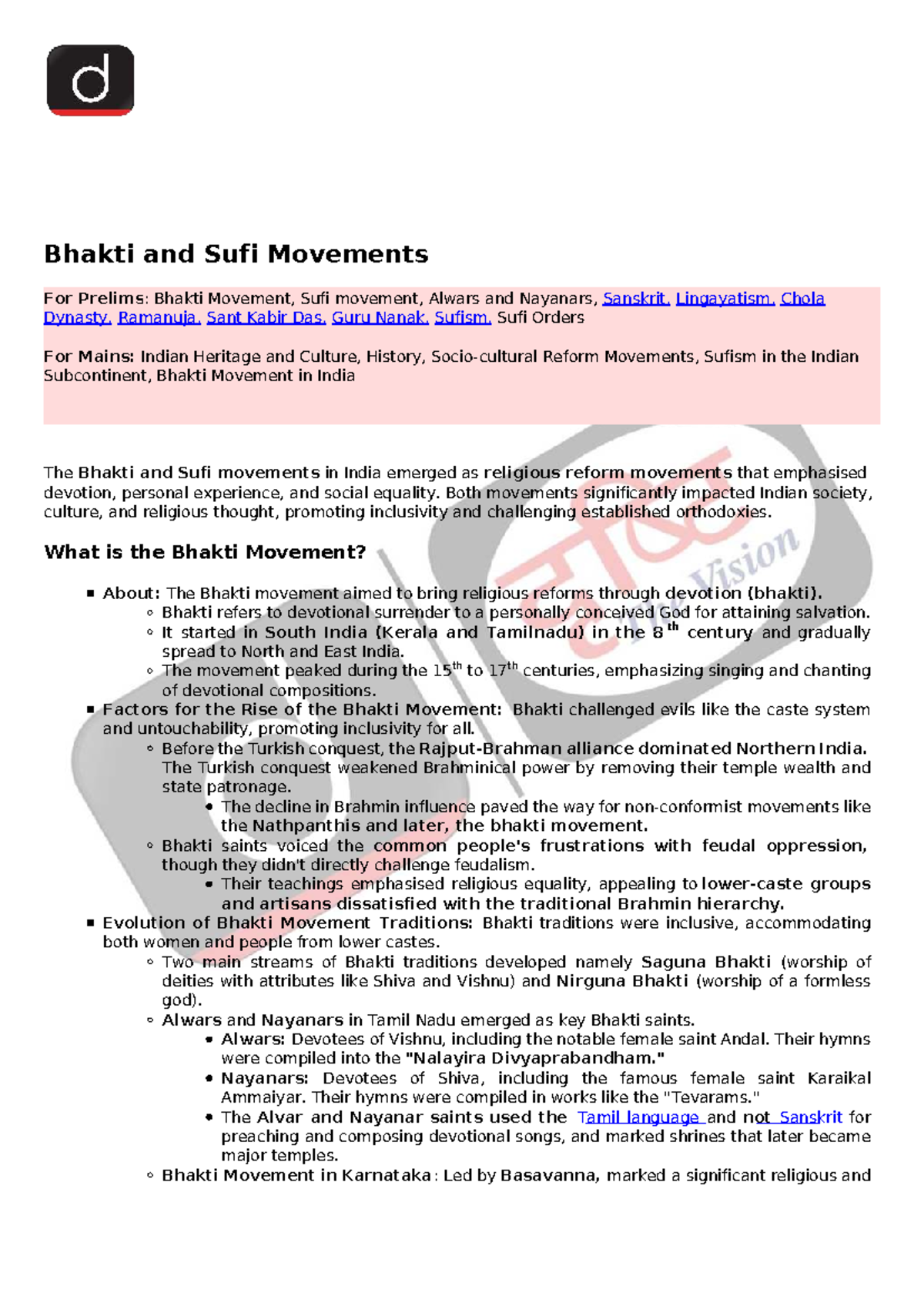 Bhakti and Sufi Movements: A Study for UPSC Prelims and Mains - Studocu