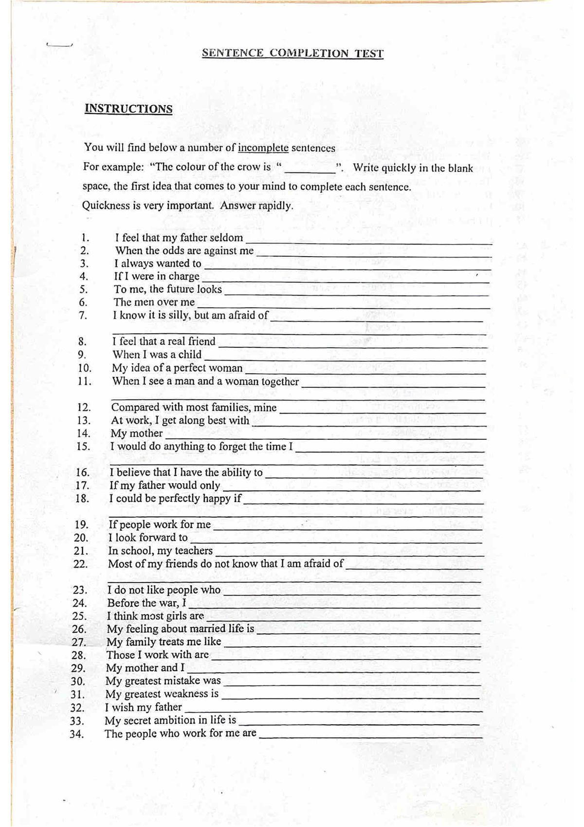SCT 101 - Sentence Completion Test Questionnaire Instructions - Studocu