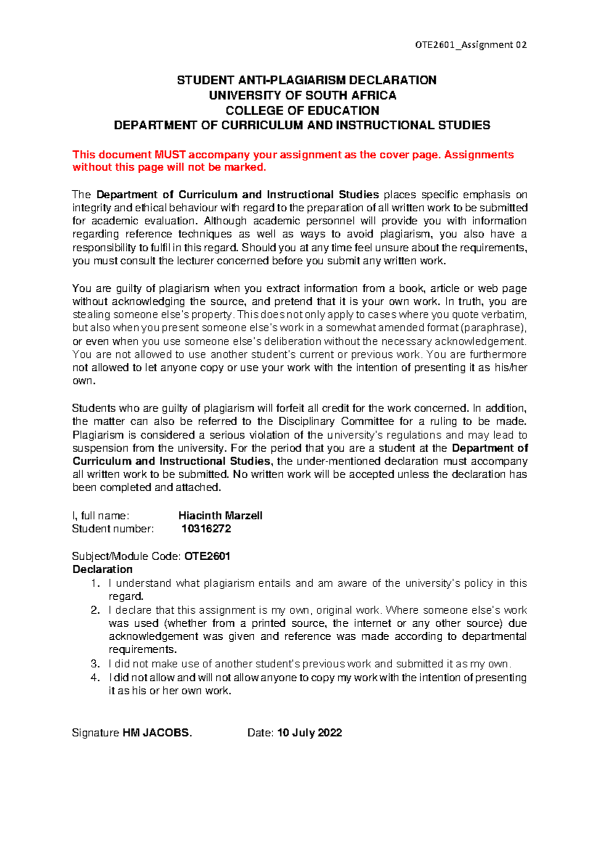 OTE2601 02 10316272 - This assignment I got full marks. - STUDENT ANTI ...