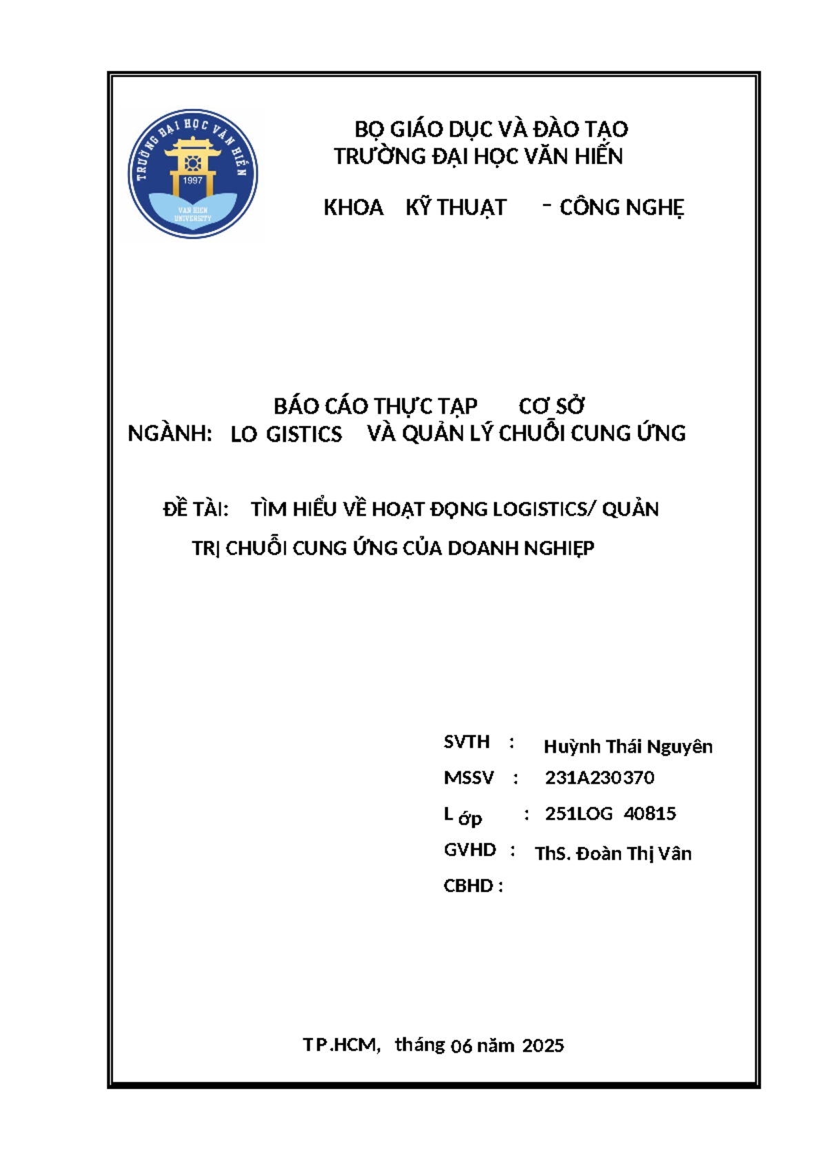 Báo cáo Thực Tập Cơ Sở Ngành: Quản Trị Chuỗi Cung Ứng 251LOG 40815 - Document Preview