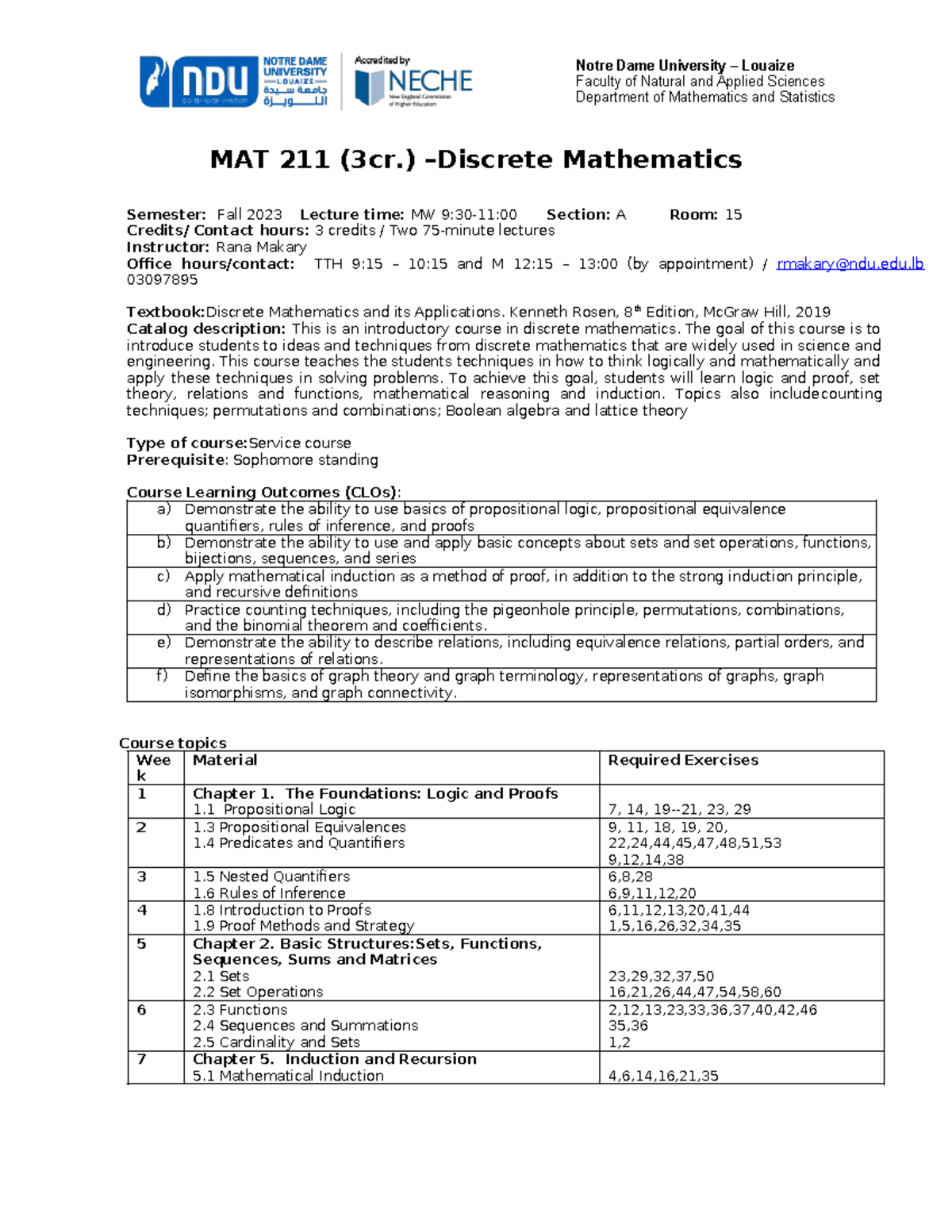 MAT 211 Discrete Mathematics Syllabus Fall 2023 (Updated) - Studocu