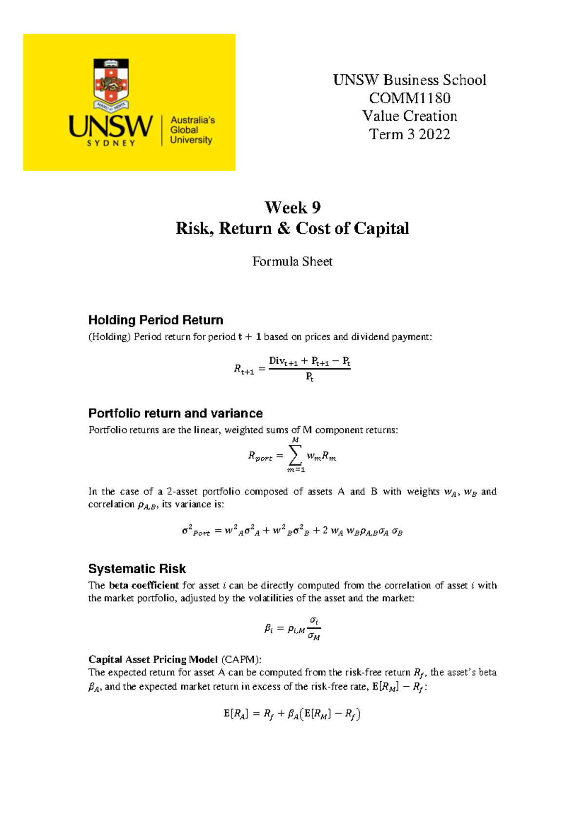 COMM1180 2022T3 Week 9 - Risk, Return & Cost of Capital Formulas - Studocu