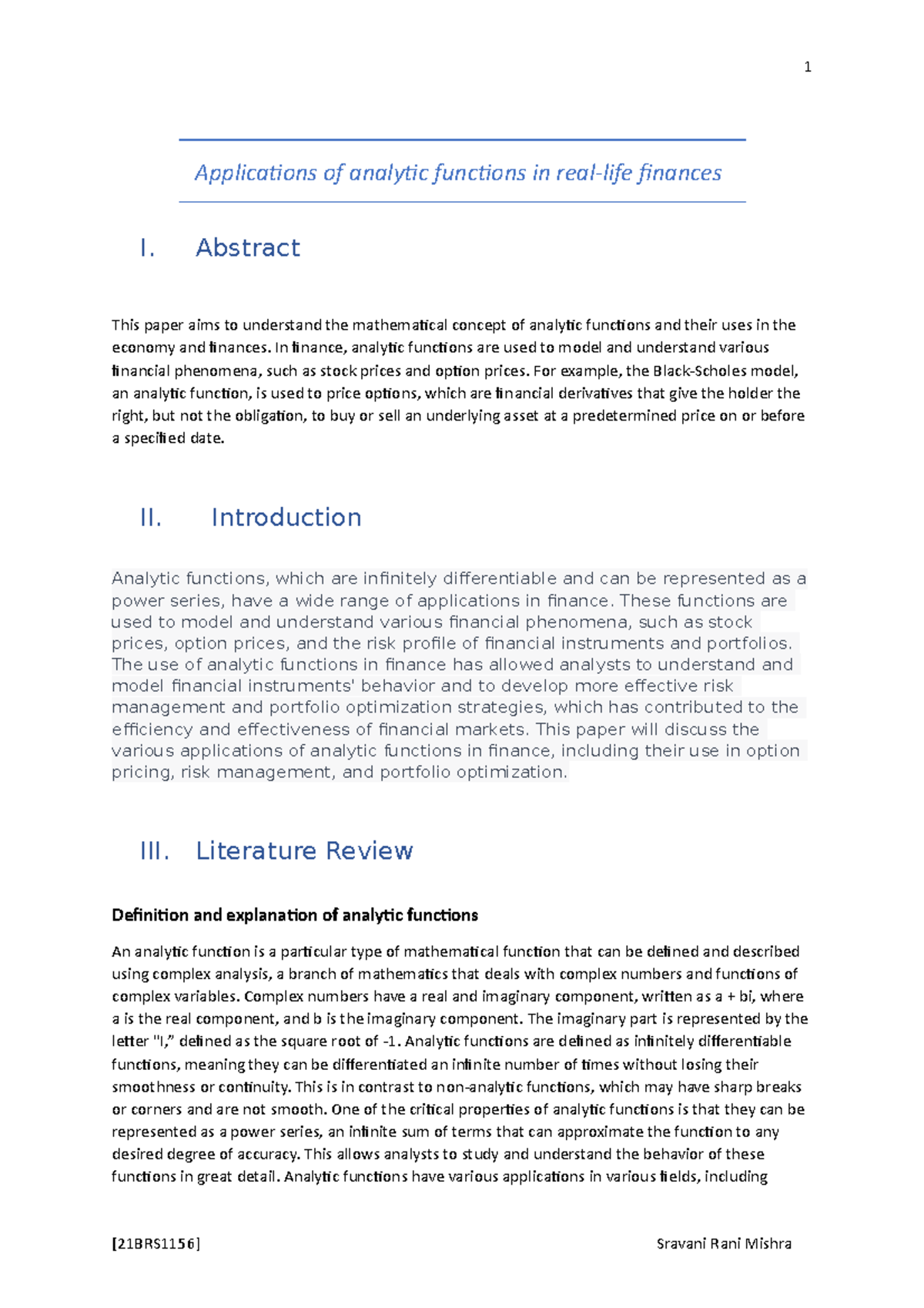 Applications of Analytic Functions in Finance: A Study on Real-Life ...