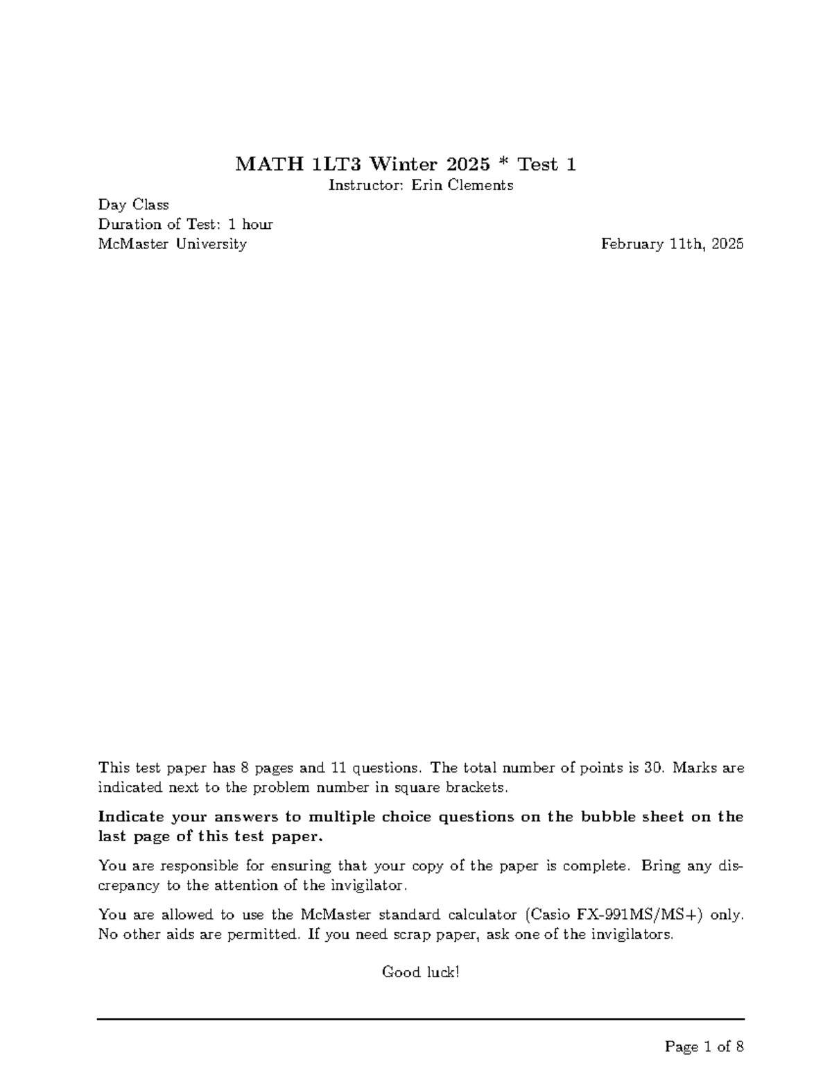 MATH 1LT3 Winter 2025 Test 1 Practice Questions and Solutions - Studocu
