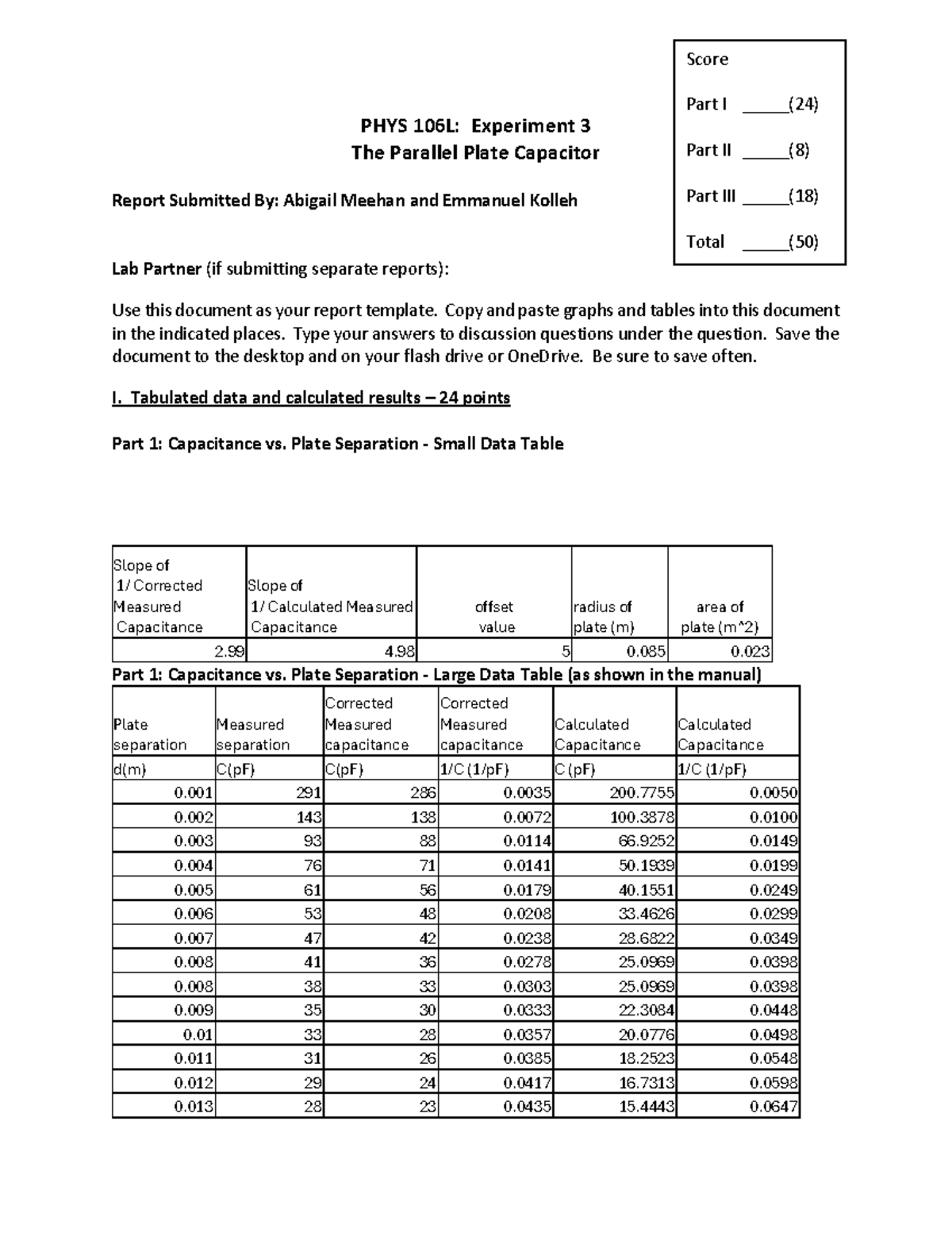 PHYS 106L: Experiment 3 - Parallel Plate Capacitor Report - Studocu
