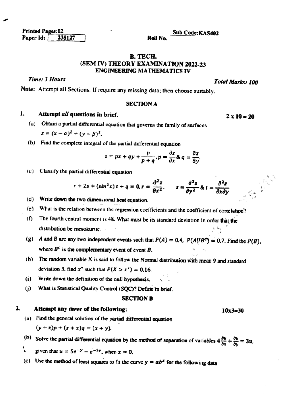 Engineering Mathematics IV (KAS402) - Exam Paper Aug 2023 - Studocu