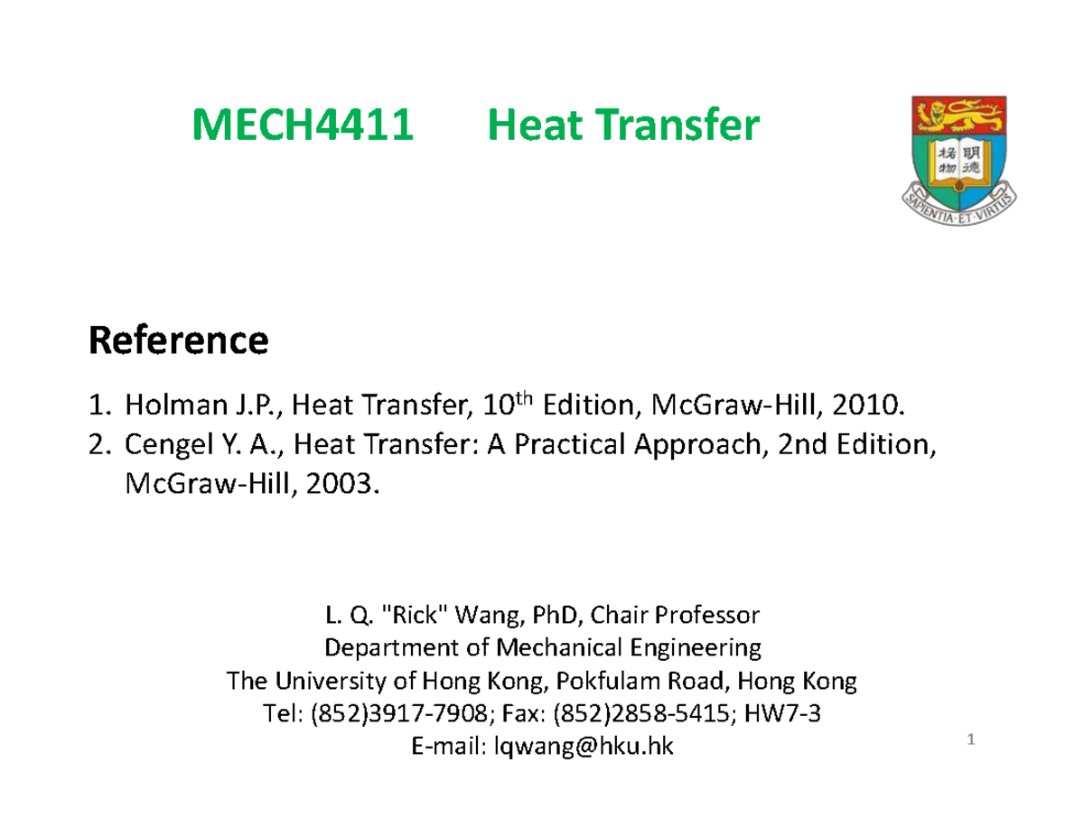MECH4411 Lecture Notes on Heat Transfer Concepts and Equations - Studocu