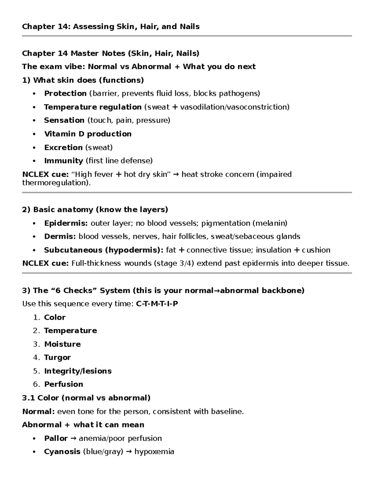 Chapter 14 Exam Notes: Assessing Skin, Hair, and Nails - Studocu