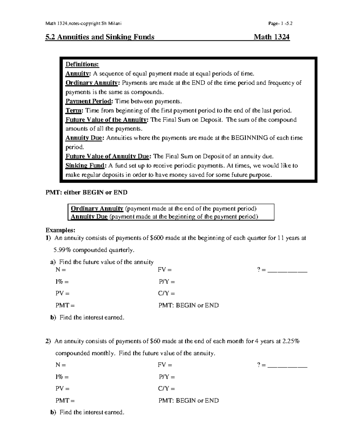 Math 1324 - Sec 5.2 Lecture Notes on Annuities & Sinking Funds - Studocu