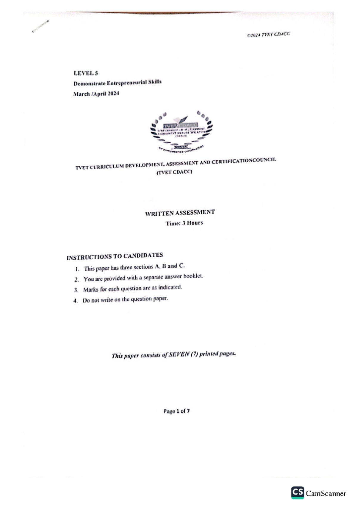 C2024 TVET CDACC LEVEL 5 Entrepreneurial Skills Past Papers March-April ...