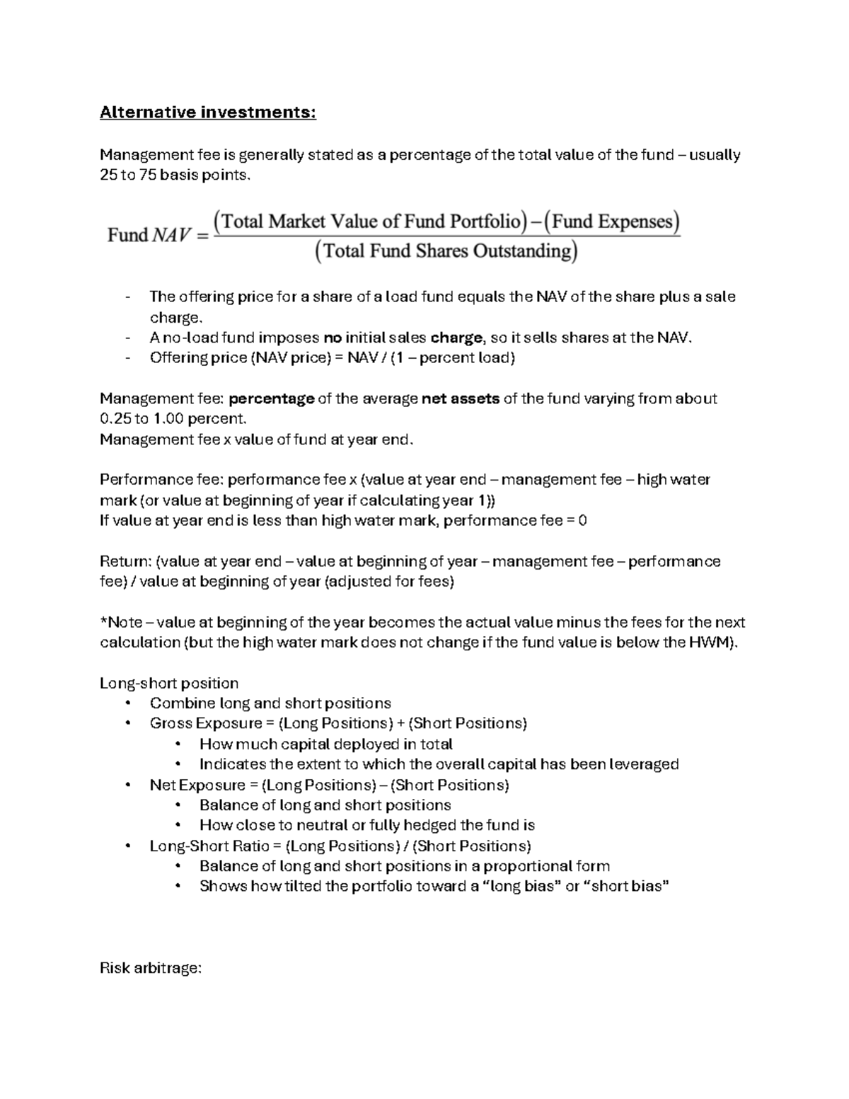 A1 Alternative Investments Formula Sheet: Fees, Returns, and Ratios ...
