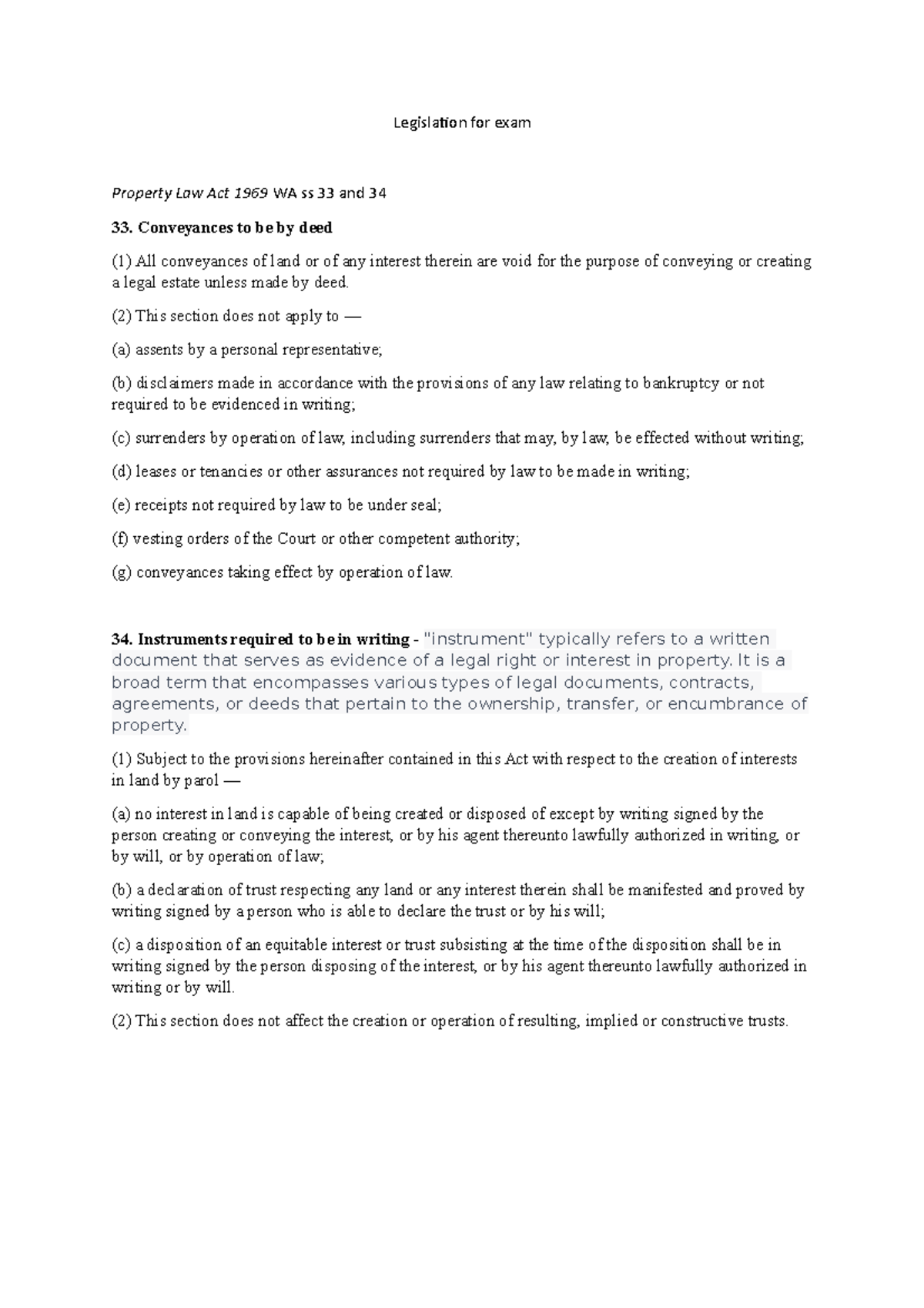 Property Law Final Exam Notes: Conveyances & Instruments Analysis - Studocu