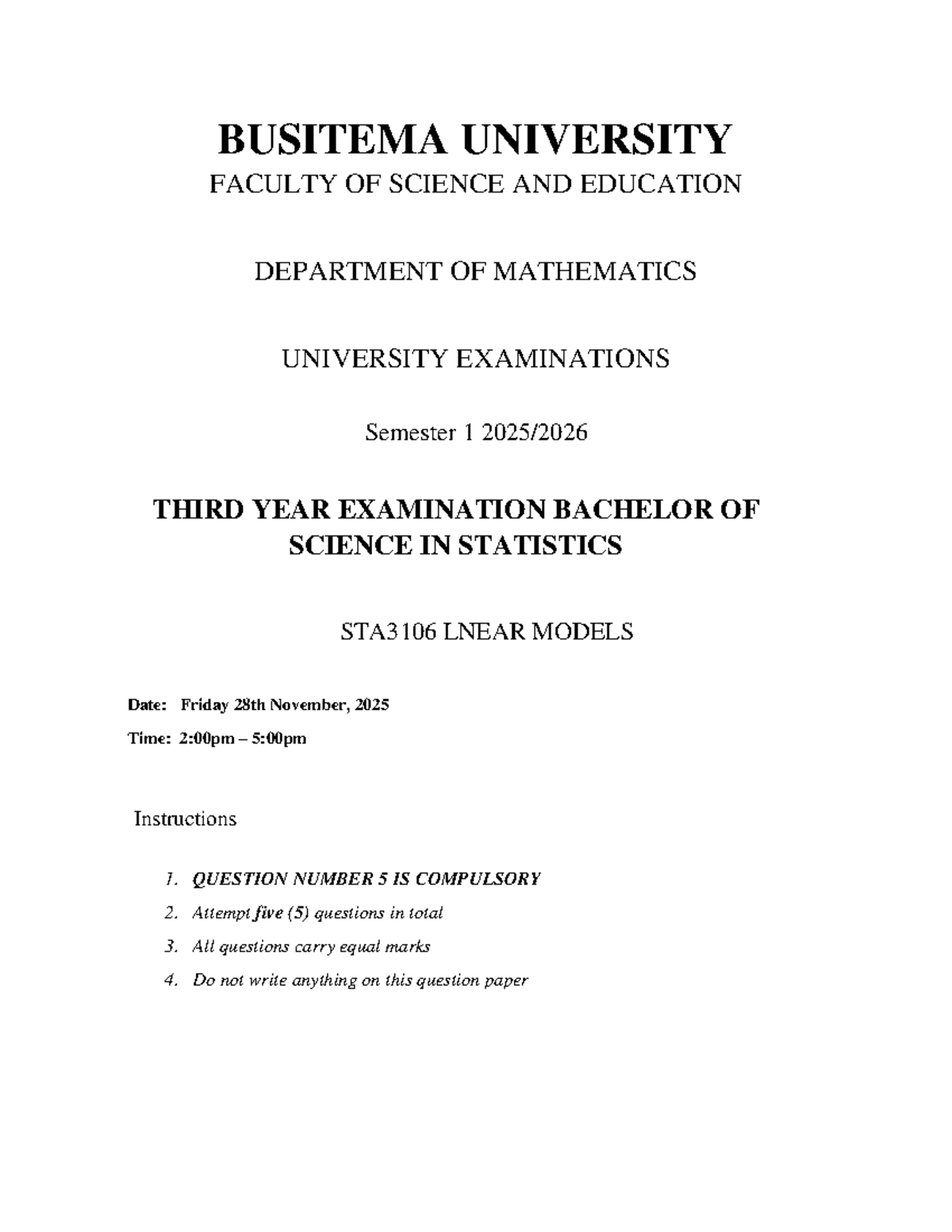 STA3106 Linear Models Final Exam Questions - 2025 - Studocu