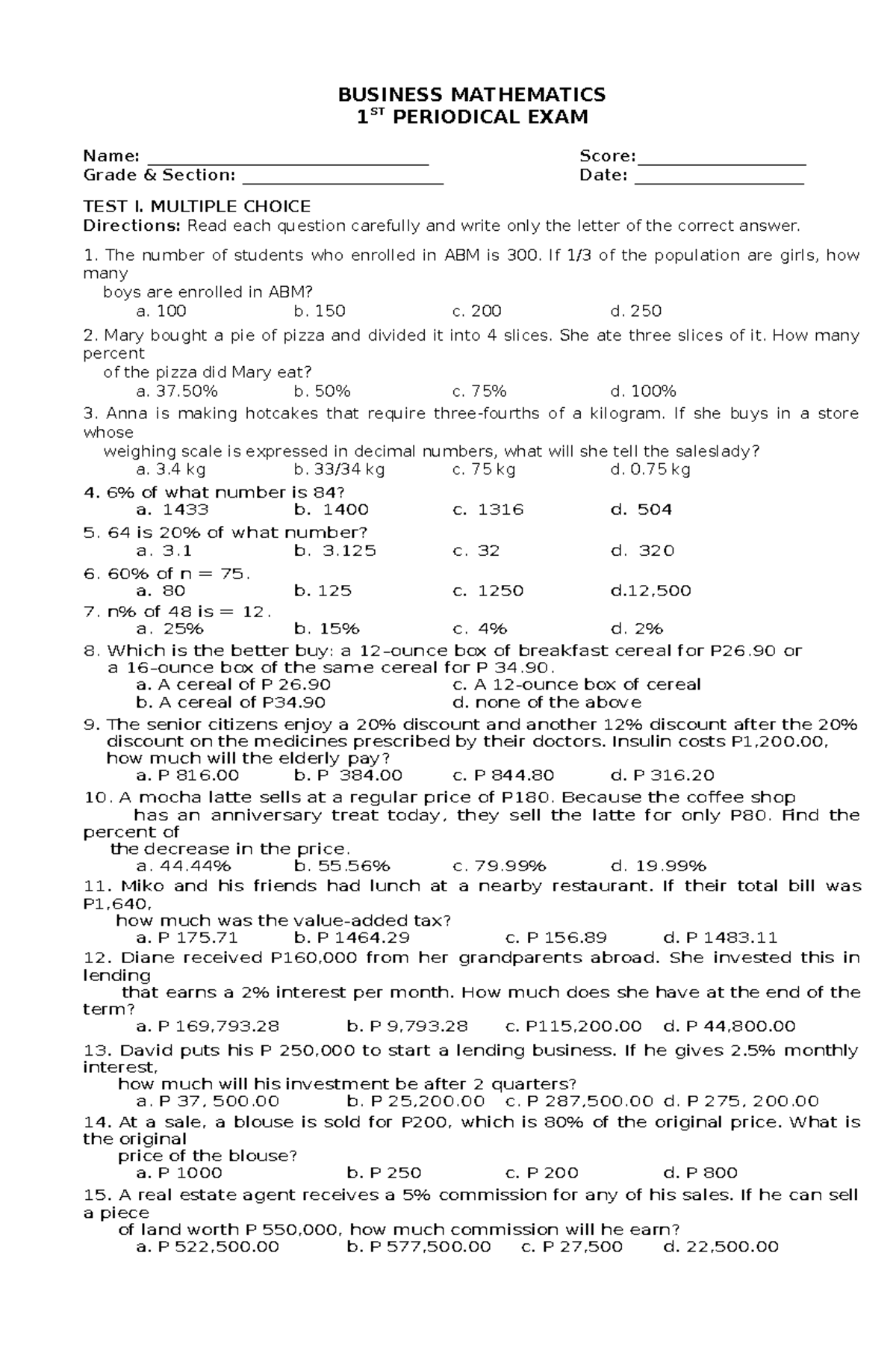 BUS- MATHEMATICS 1ST PERIODICAL EXAM REVIEW - Studocu