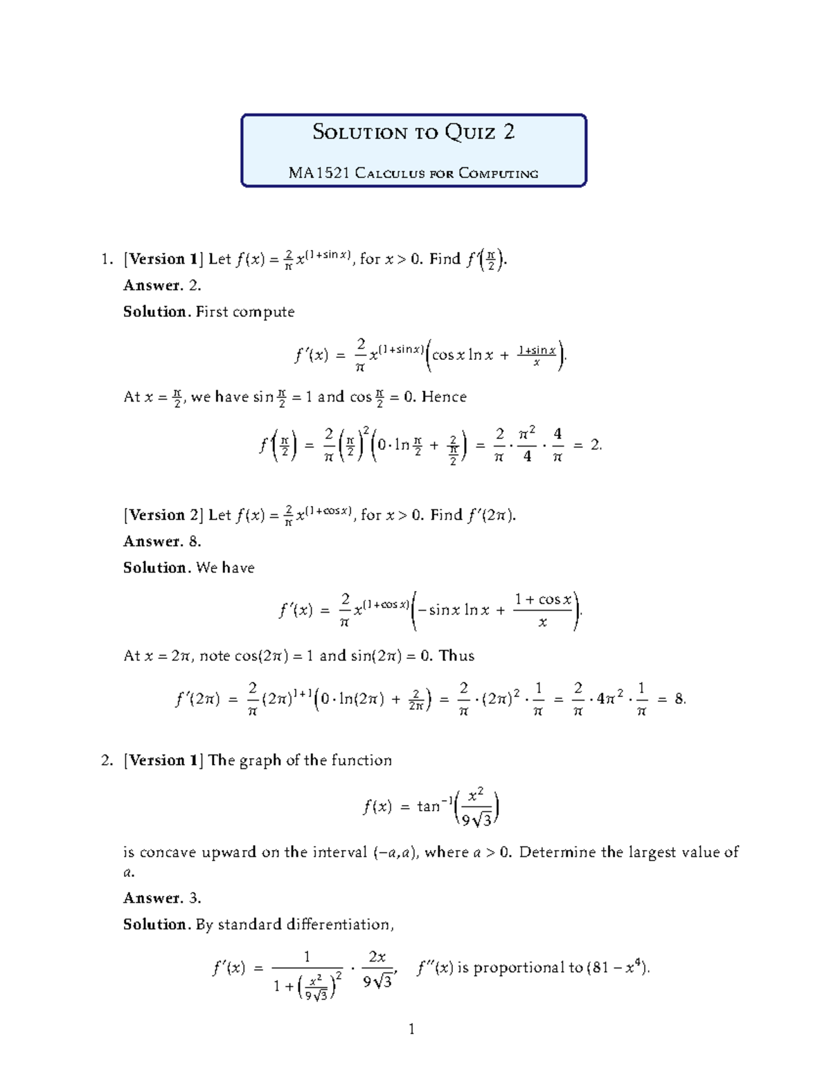 Solution to Quiz 2 Winter 2025 - Solution to Quiz 2 MA1521 Calculus for ...