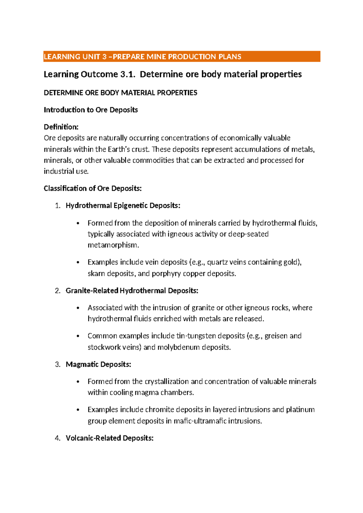 LEARNING UNIT 3: MINE PRODUCTION PLANS & ORE BODY PROPERTIES - Studocu