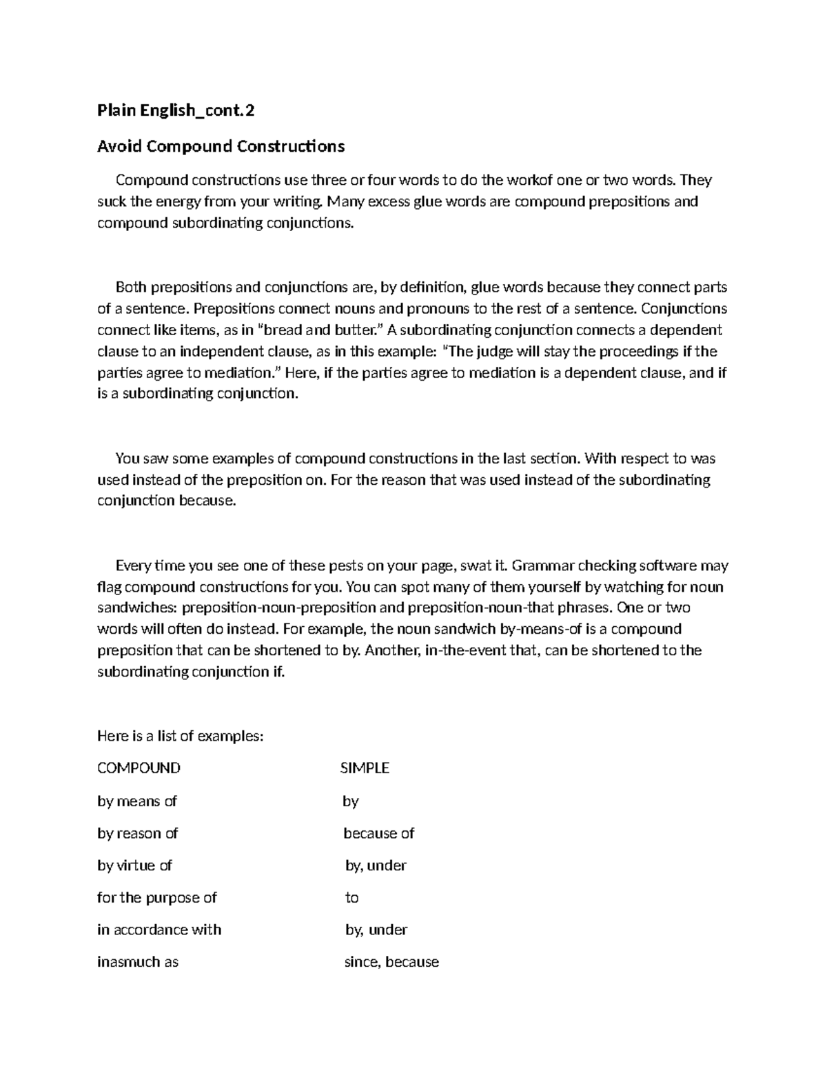Plain English Cont. 2: Avoiding Compound Constructions - Studocu
