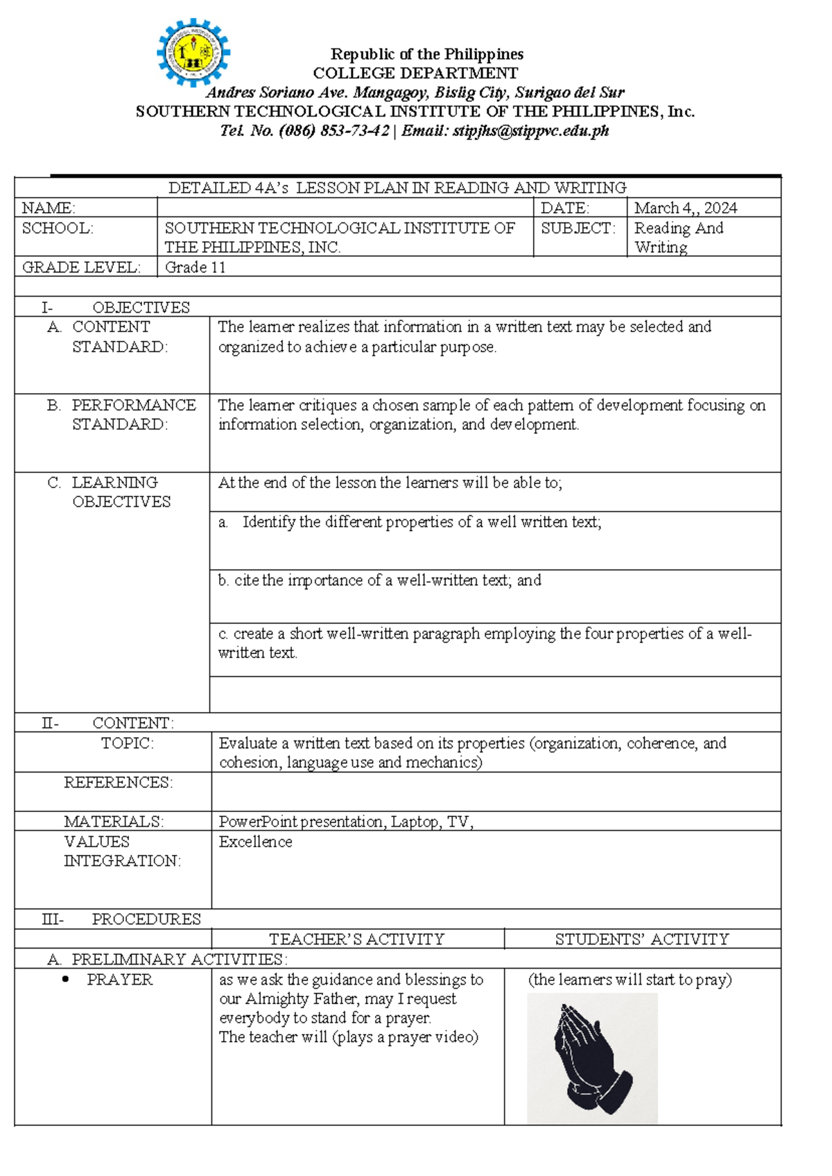 Detailed 4A's Lesson Plan for Reading & Writing (Grade 11) - Studocu