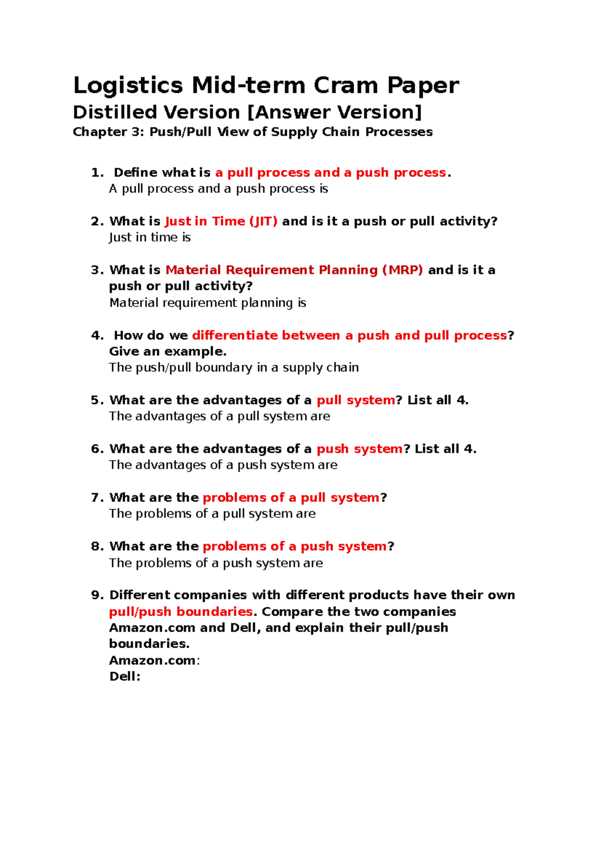 Logistics Cram Paper: Chapter 3 - Supply Chain Processes Overview - Studocu
