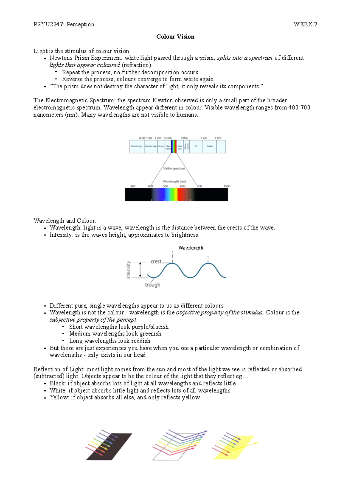 PSYU2247 W7 L - Detailed lecture notes - Colour Vision Light is the ...