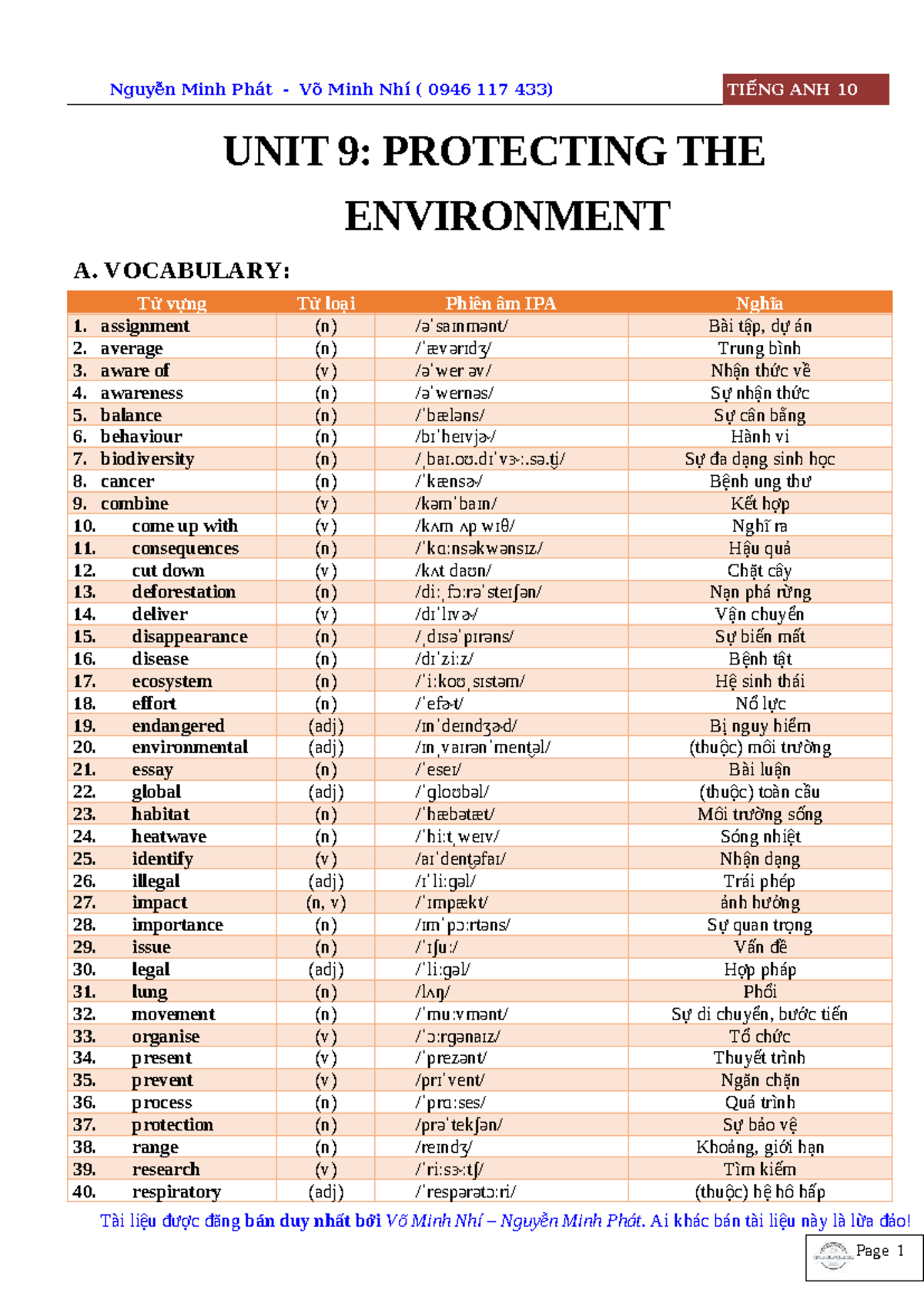 TIẾNG ANH 10 - UNIT 9: PROTECTING THE ENVIRONMENT - VOCAB & GRAMMAR ...
