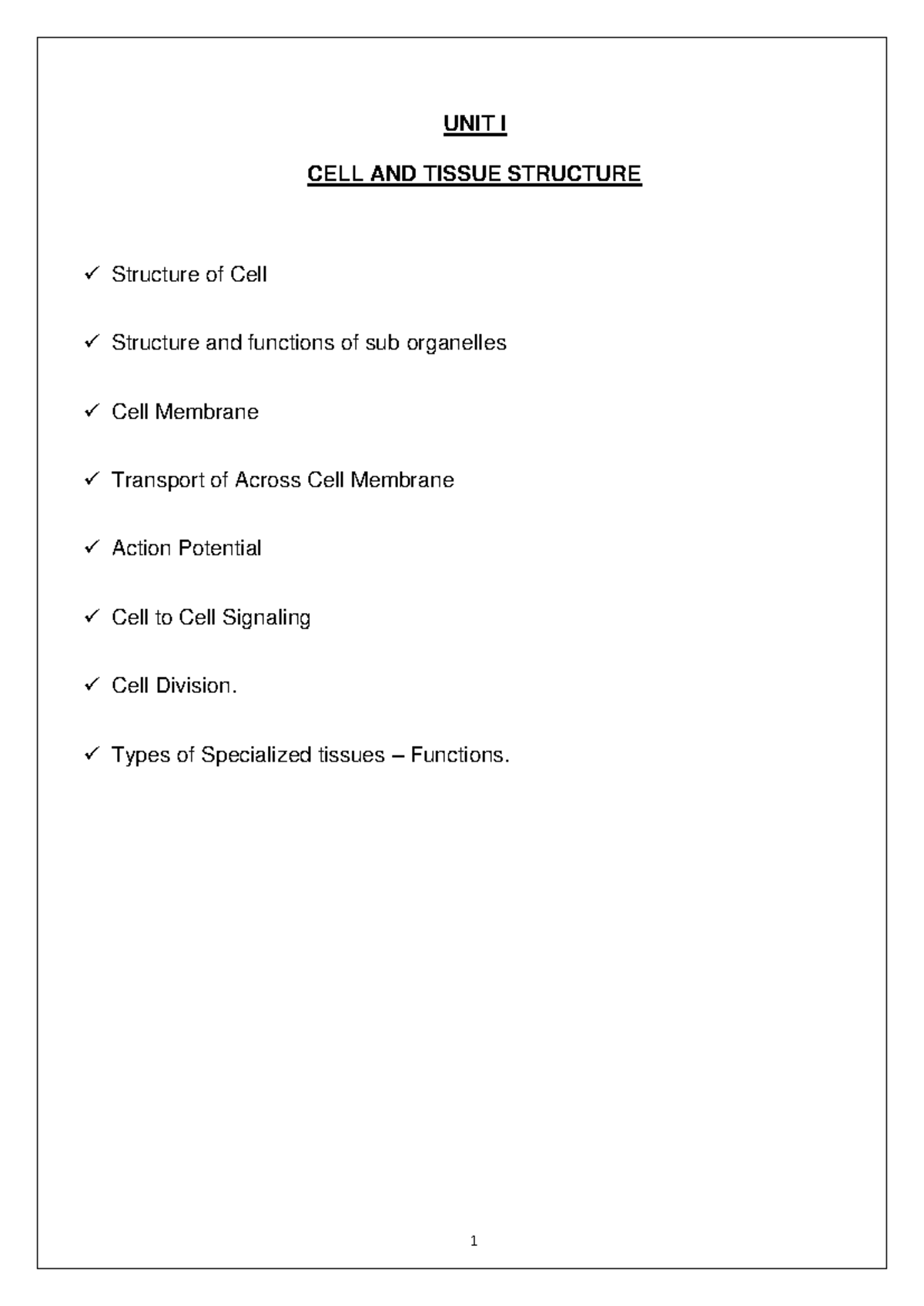 AHP 101: Unit I Notes on Cell and Tissue Structure - Studocu