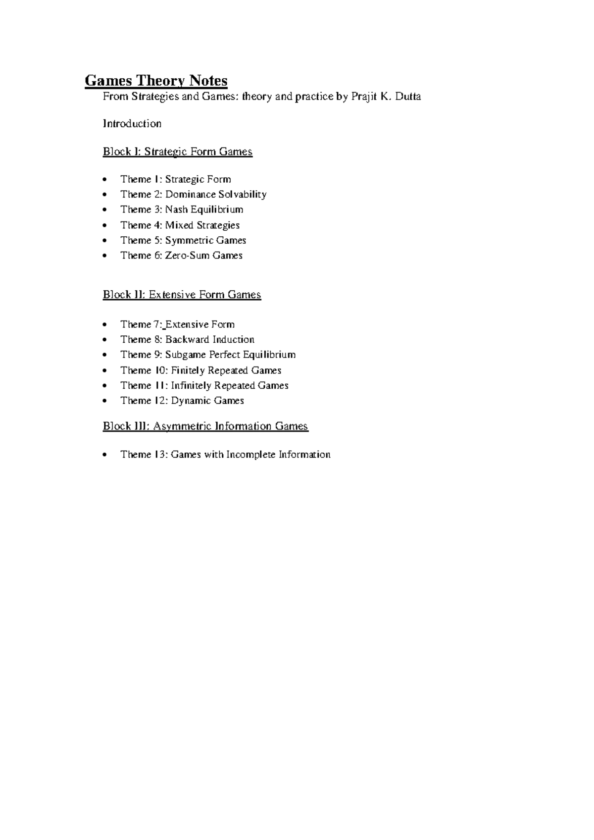 Game Theory Notes: Strategies and Concepts from Dutta's Work - Studocu