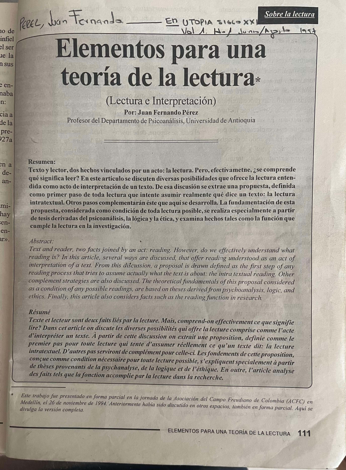 Elementos para una Teoría de la Lectura (51660) - Juan Fernando Pérez ...